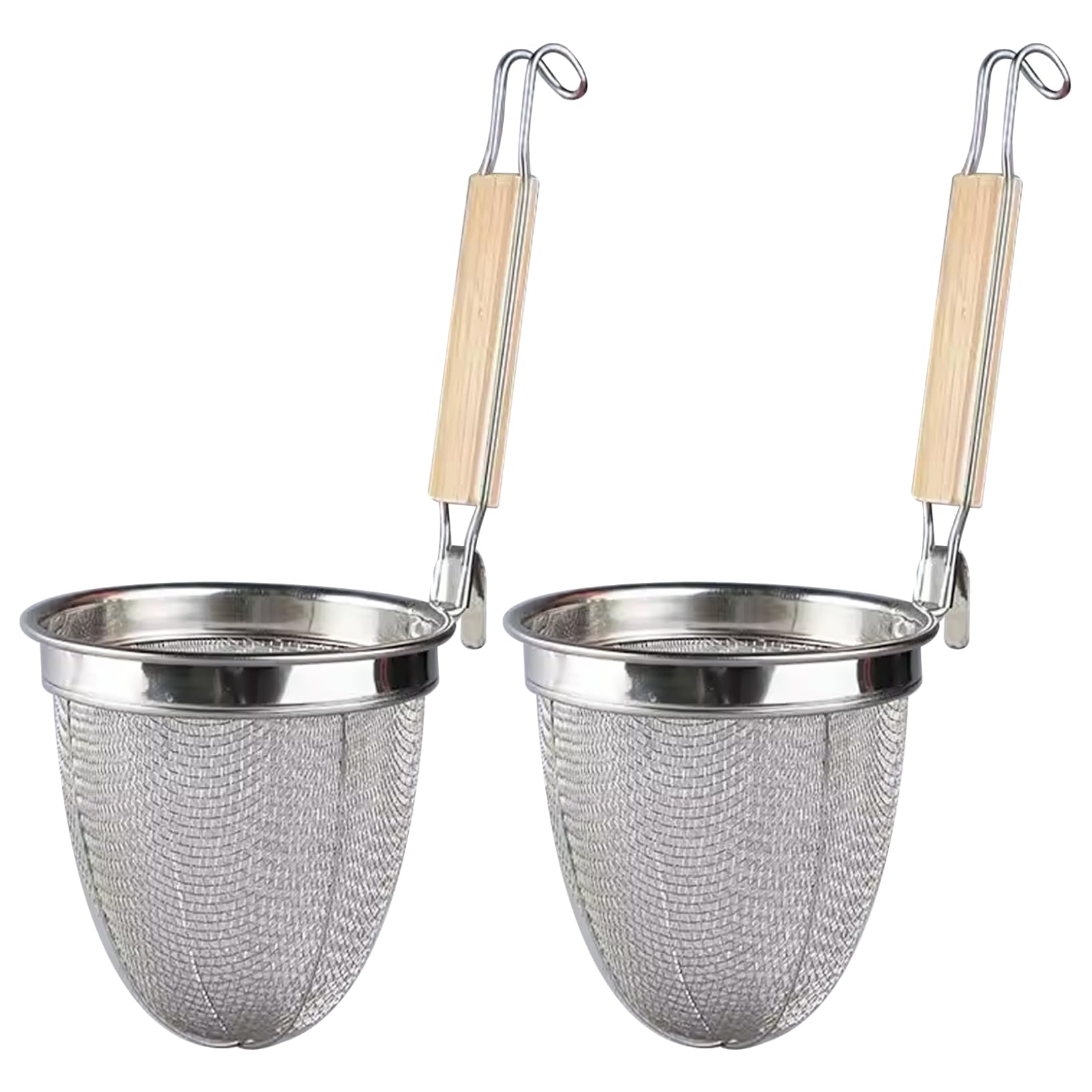 Tsawntd 2PCS Pasta Basket for Boiling Stainless Steel Fine Mesh Noodle Strainer with Wood Handle and Pot Hook Pasta Strainer for Food Dumpling Noodle Blanching Basket for Boiling
