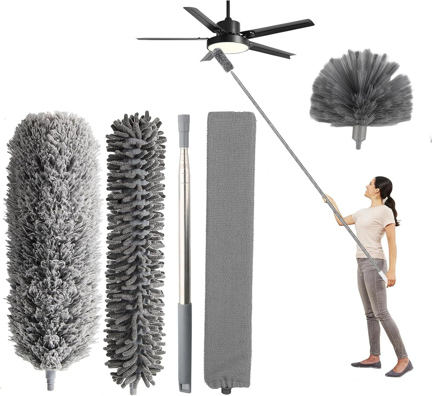 Elenviorina Black 5-Piece Extendable Cobweb Duster Kit – Microfiber Feather Duster With 280Cm Telescopic Pole And 4 Replaceable Heads – Washable Reusable Dusters For Cleaning Ceilings, Fans, High Corners (Black)