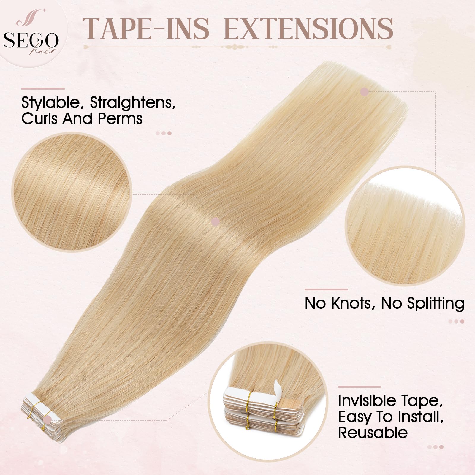 SEGOHAIR Tape in Hair Extensions Human Hair, 12" Invisible 10Pcs Real Hair Straight Natural Remy Tape Hair Extensions - Natural Blonde - Image 3