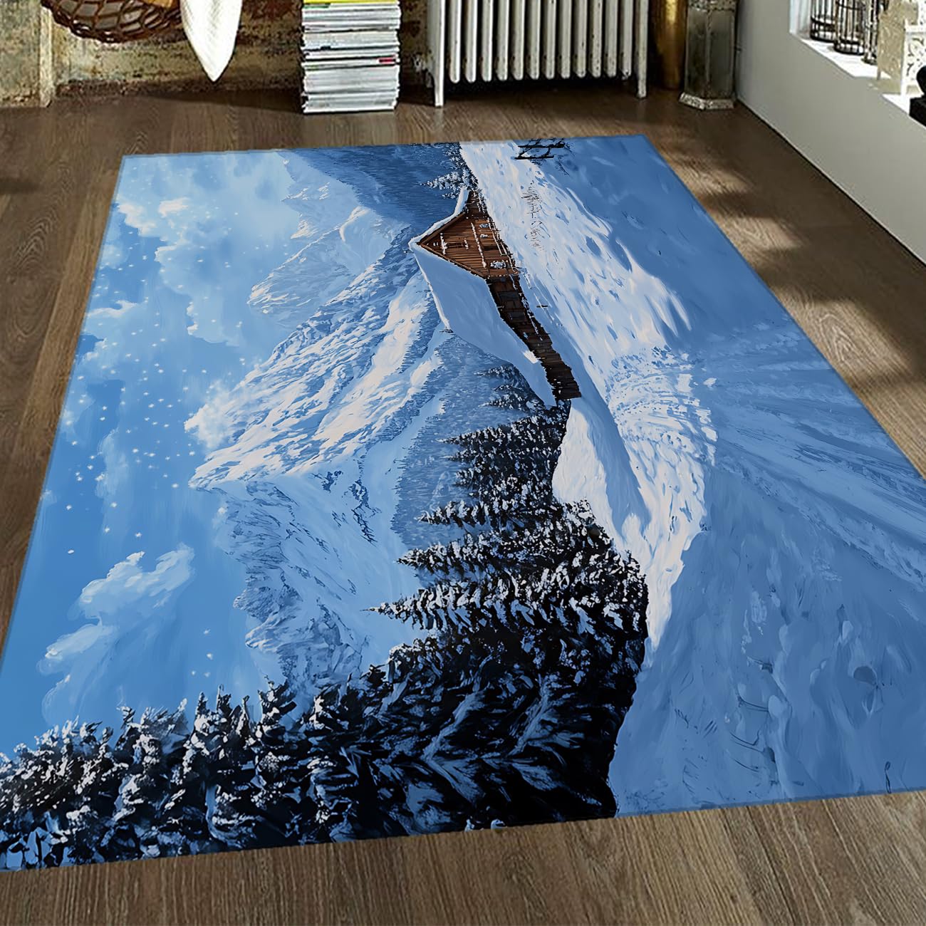 Tapis neige montagnes pour transformer une grande pièce froide en nid douillet lavable 200x300