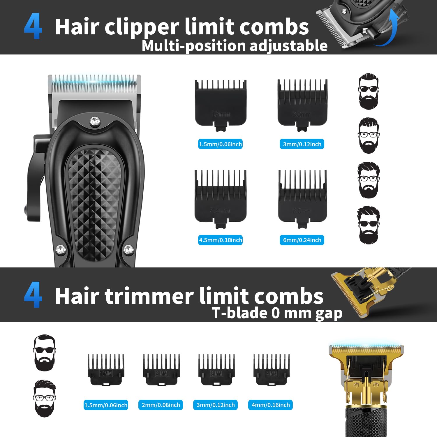 HIENA PRO Tondeuse à cheveux pour homme, sans fil, tondeuse à cheveux, tondeuse à barbe, rasoir à lames, kit complet de rasage et de coupe de cheveux électrique (3 pièces)