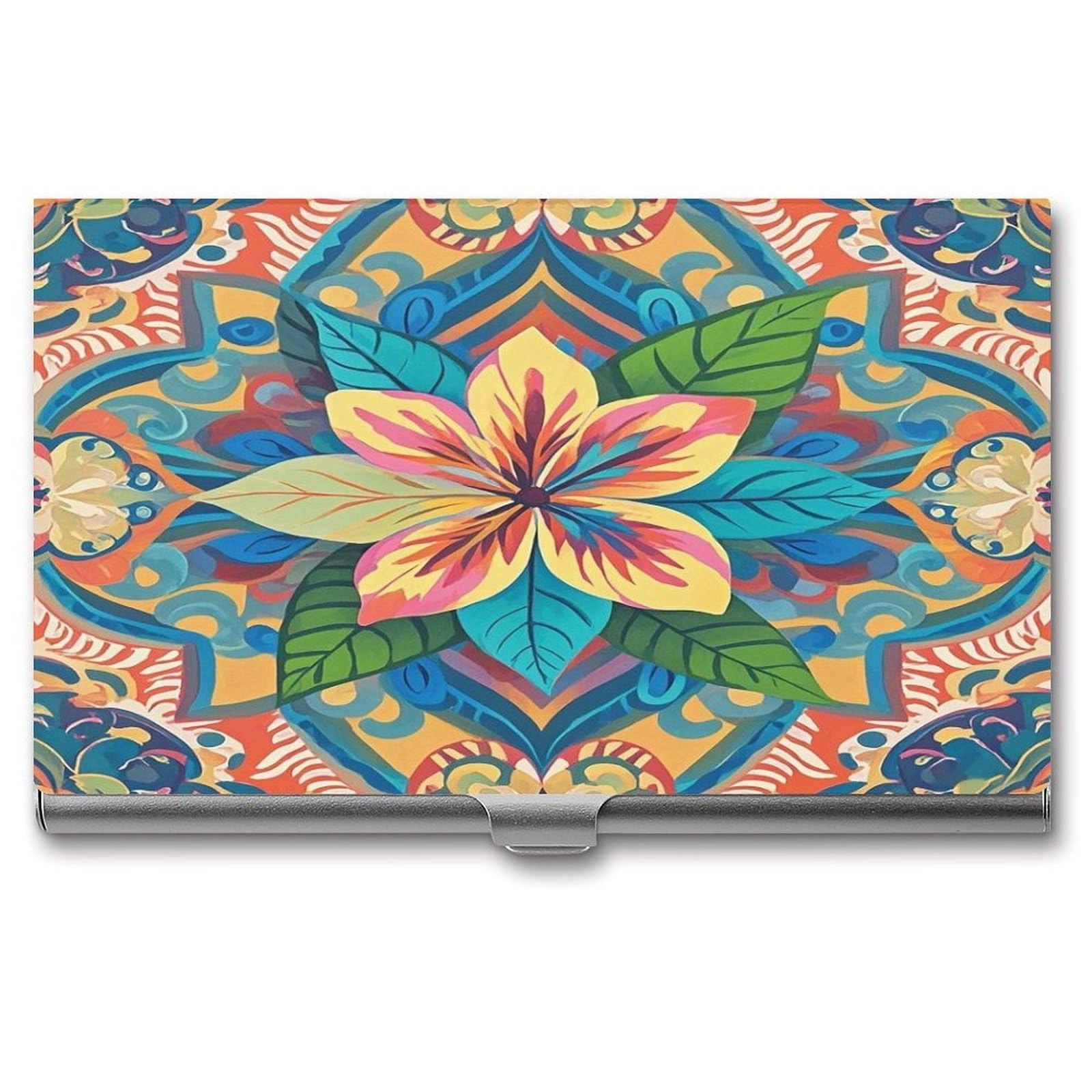 Fekiloot Men's Style Flowers And Hawaiian Tribal Patterns Business Card Holder Aluminum Alloy Business Card Case Convenient To Carry Business Card Dispenser For Wo