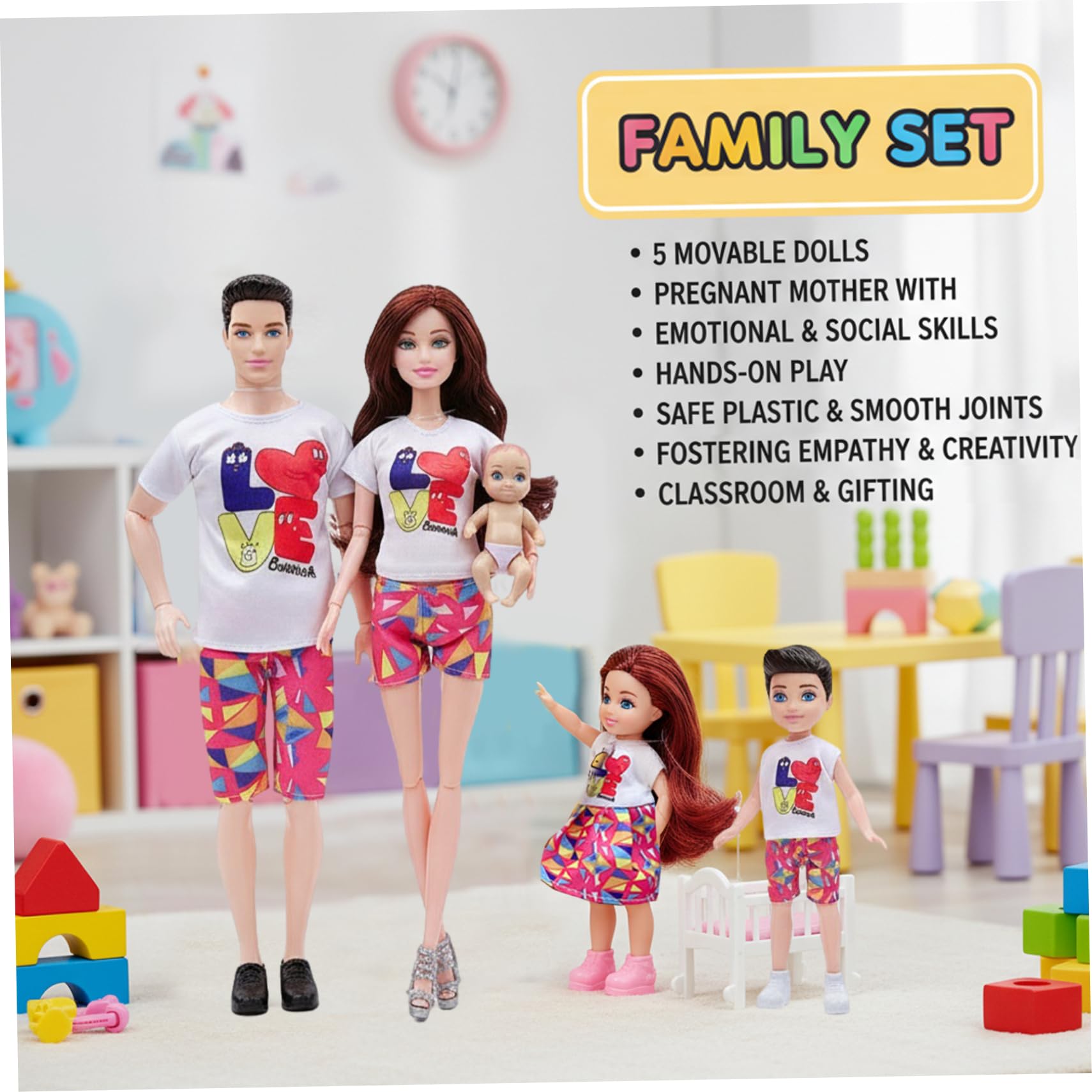 Juego de muñecas familiares de 5 muñecas embarazadas con articulación móvil con bebé en la barriga, juguetes para bebés embarazadas, papá y 2 niños para educación y accesorios para casas de muñe.