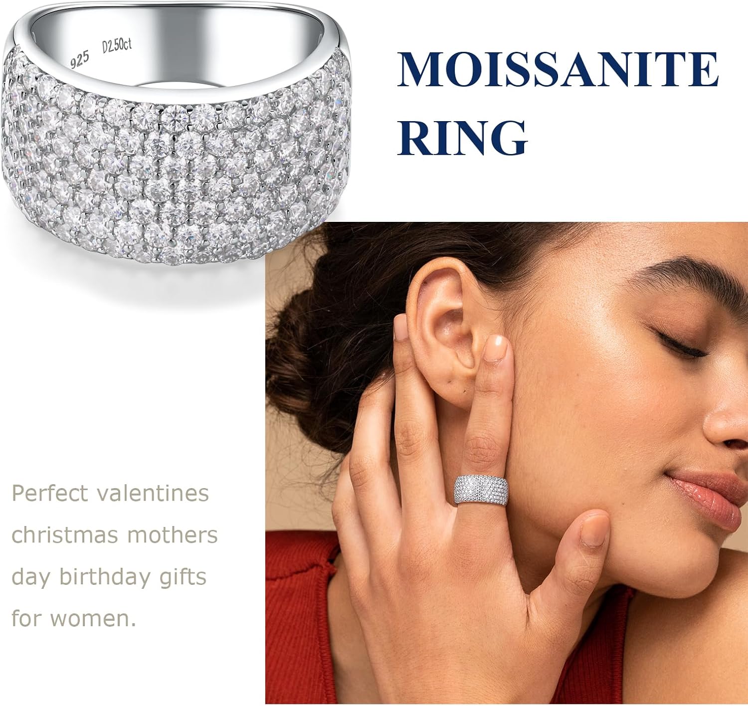 Moissanite Wedding Band Ring VVS D Color, 925 Sterling Silver White Gold Plated Chunky Wide Eternity Band Ring 1.8-5.14 Carat Moissanite Rings for Men Women