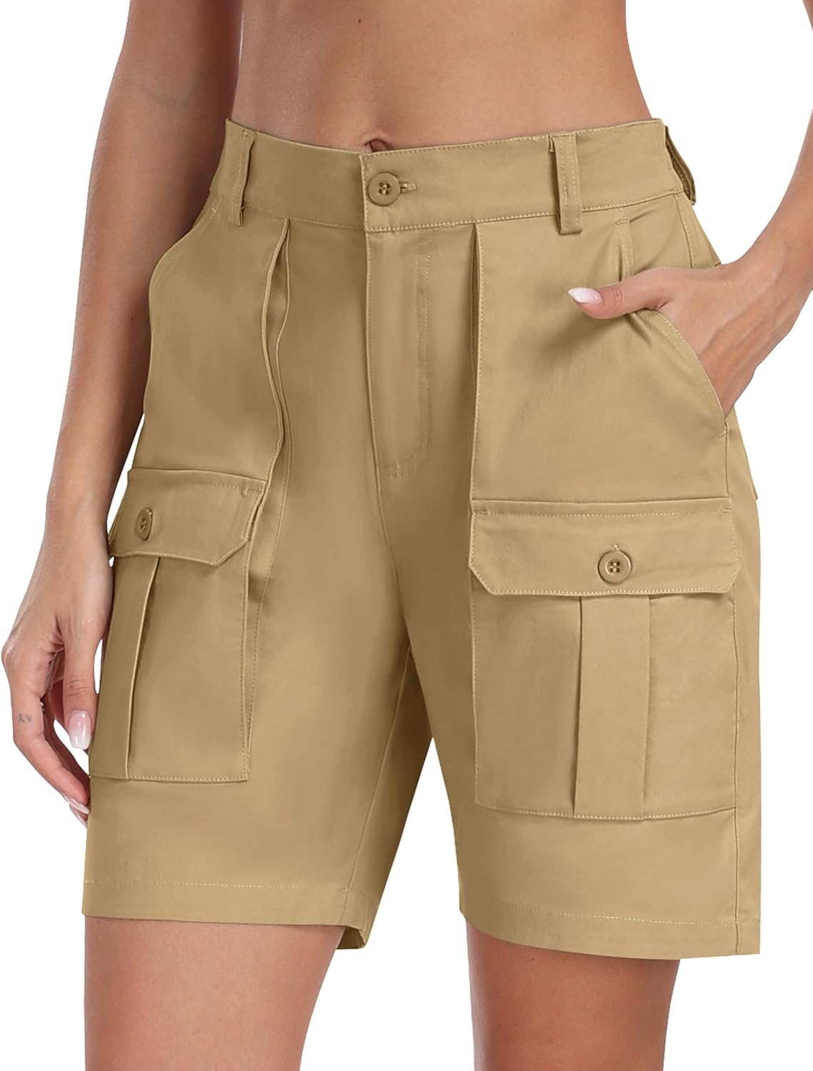 MoFiz Women's Cotton Bermuda Cargo Shorts 7" Casual Summer Elastic Waist Hiking Shorts with 6 Pockets