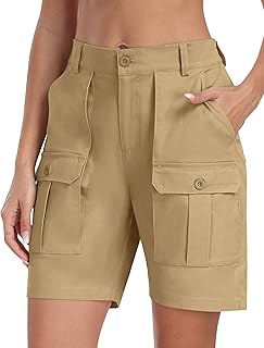 MoFiz Cargo Shorts for Women Bermuda Shorts Cotton Knee Length 6 Pockets Elastic Waist Long Shorts for Summer Casual
