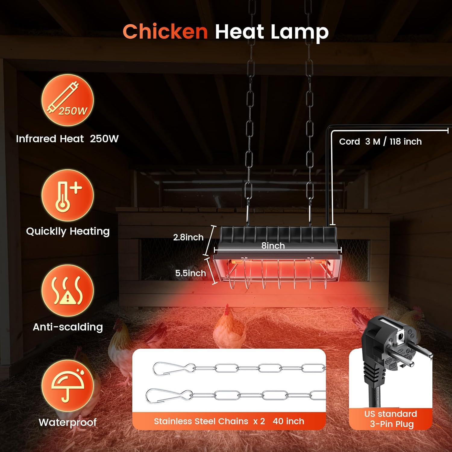HEYOUTH Lampa grzewcza dla kur, 250 W, czerwone światło, lampa grzewcza dla kurcząt, z przełącznikiem oszczędzającym, lampa grzewcza dla kur, lampa grzewcza dla zwierząt