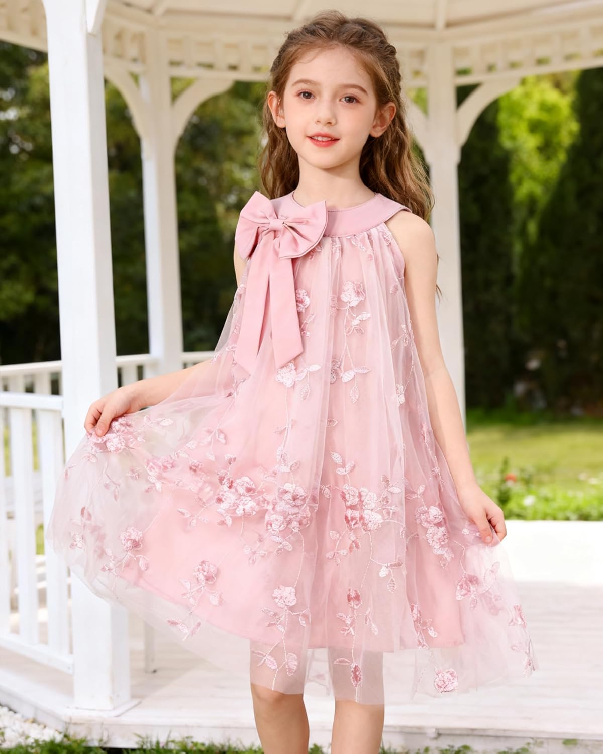 YALLET Flower Girl Dress Halter Neck Sleeveless Kids Dresses Collar Bow Embroidery Tulle Dress for Wedding Party Birthday