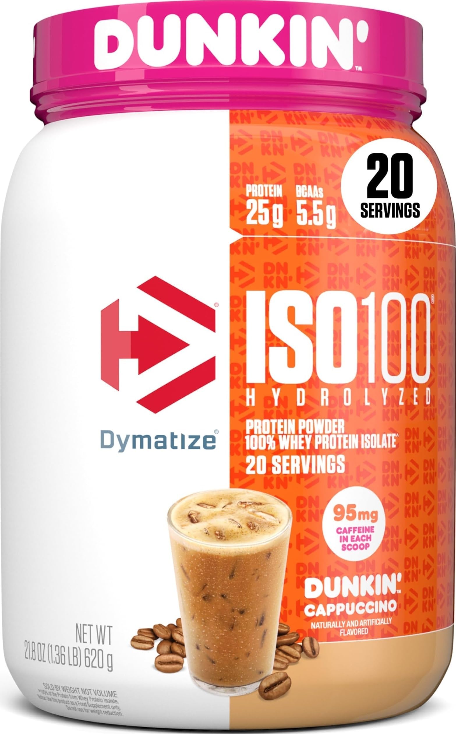 ISO100 Protein Powder +Energy, 100% Whey Isolate, Cappuccino | 25g Protein, 95mg Caffeine, Hydrolyzed, Fast-Absorbing, Supports Muscle Health, 5.5g BCAAs, Gluten-Free, 20 Servings, 1.4 lb