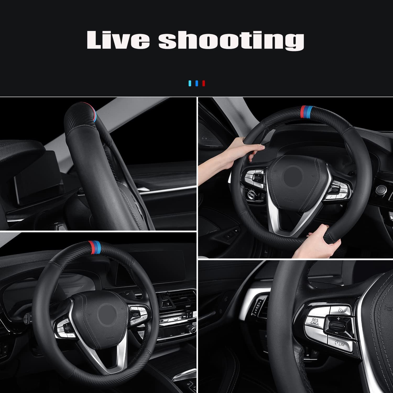 Car Carbon Fiber Steering Wheel Cover Sports Leather Non-Slip Universal 15 Inch Steering Wheel