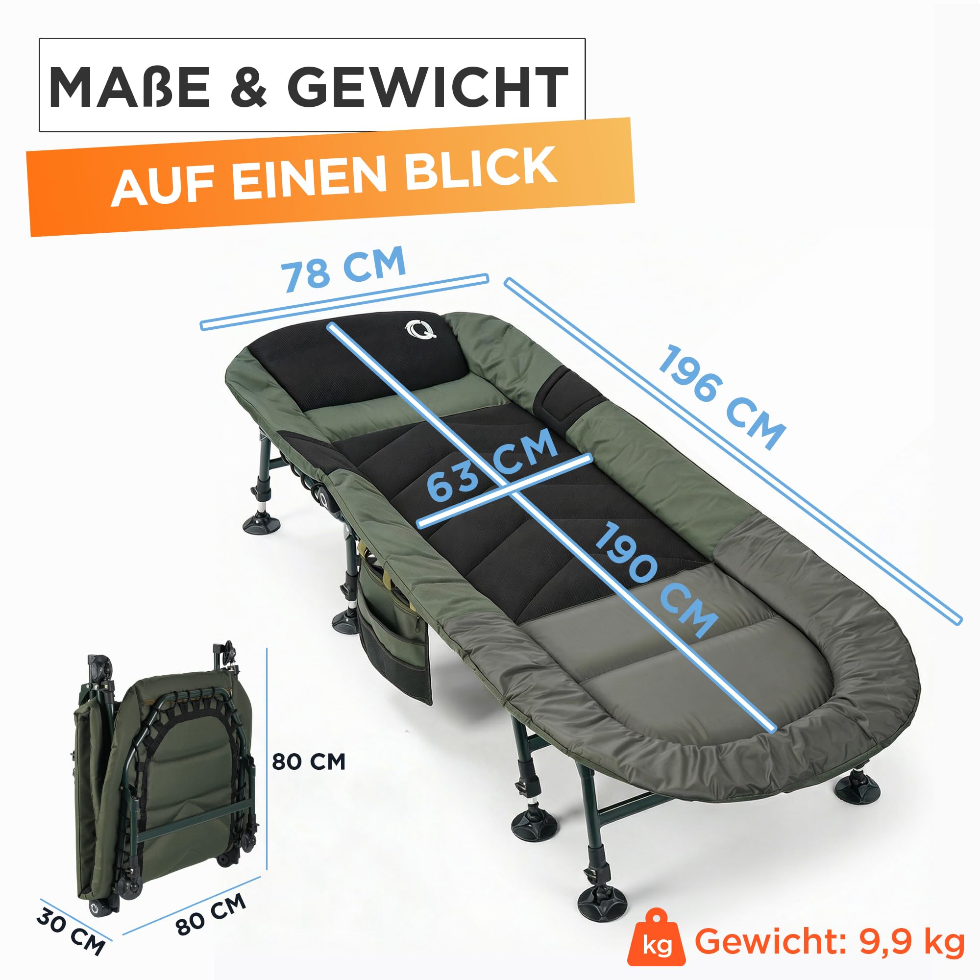 Karpfenliege [Stabil, Bequem & Leicht zu Reinigen] - Angelliege mit extragroßen Schlammfüßen, Angelliege Karpfenliege, Campingliege, Feldbett