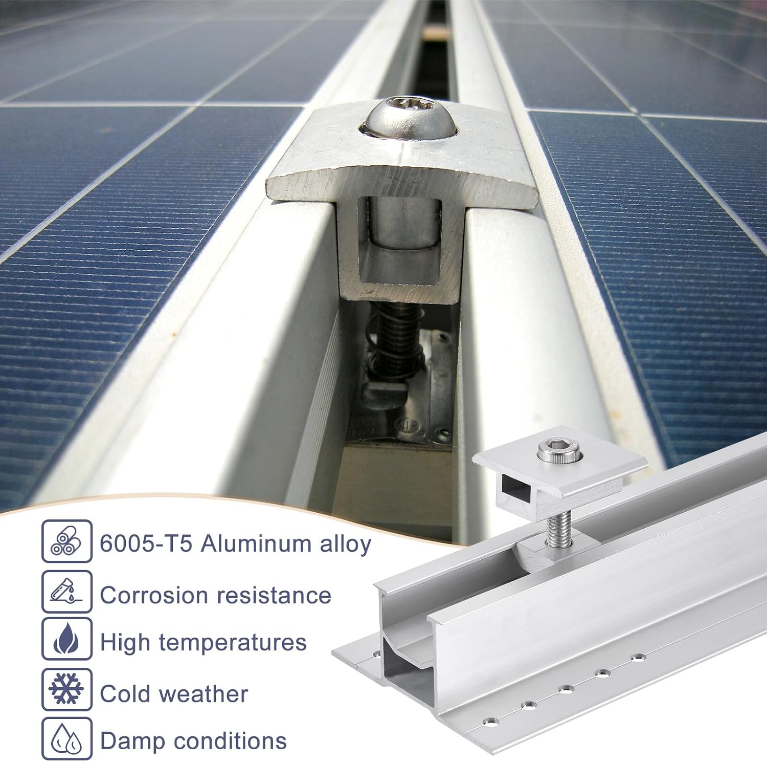 MECCANIXITY Set of Solar Panel Bracket, 6 x 300mm Aluminium Extrusions Mounting Rail, 8 x 35mm Clamps Solar Mounting Rail Connector for Tin Roof, Flat Roof