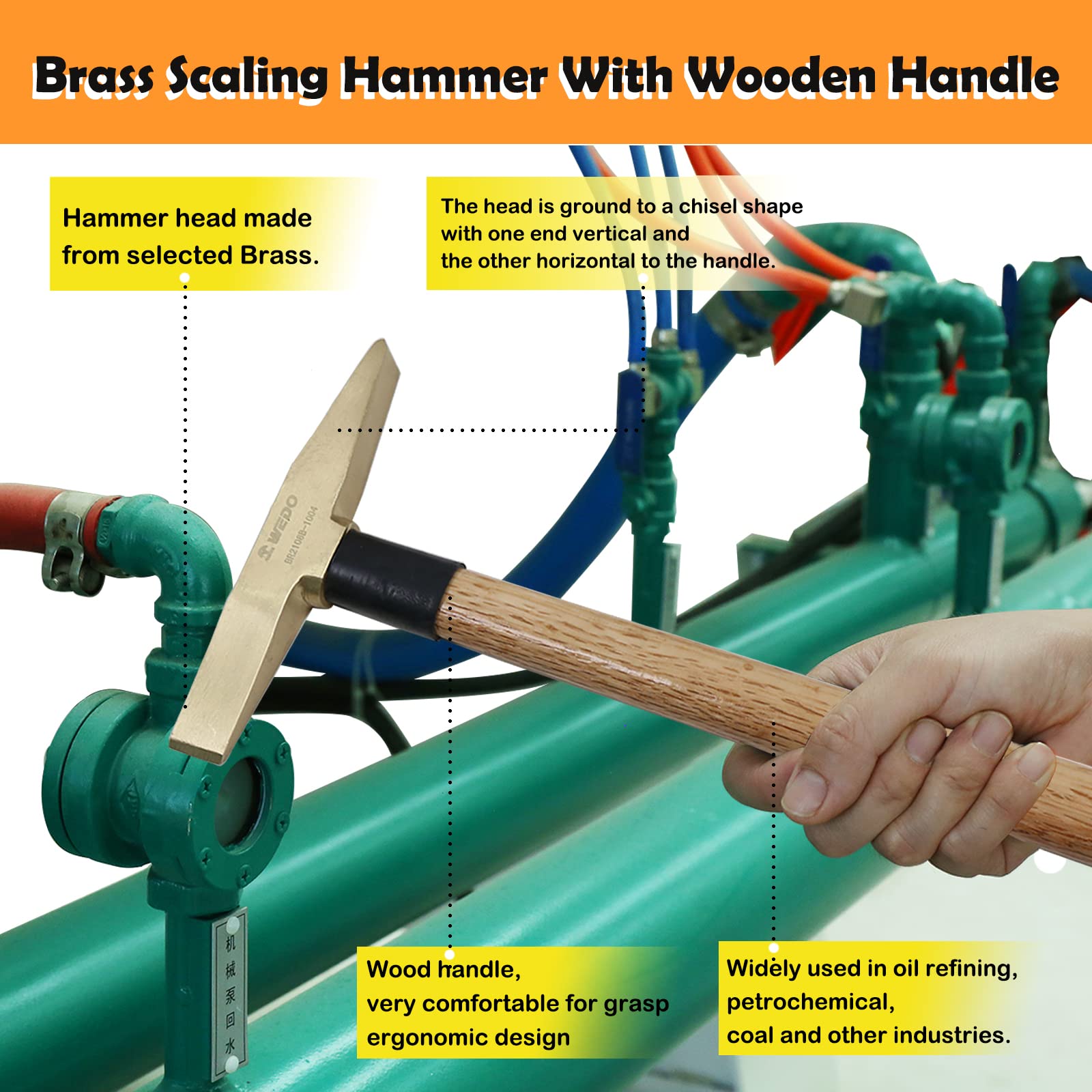 WEDO Schweißhammer mit Holzstiel, Messing,300g Schlackenhammer, Schweißerpickhammer Länge 350mm