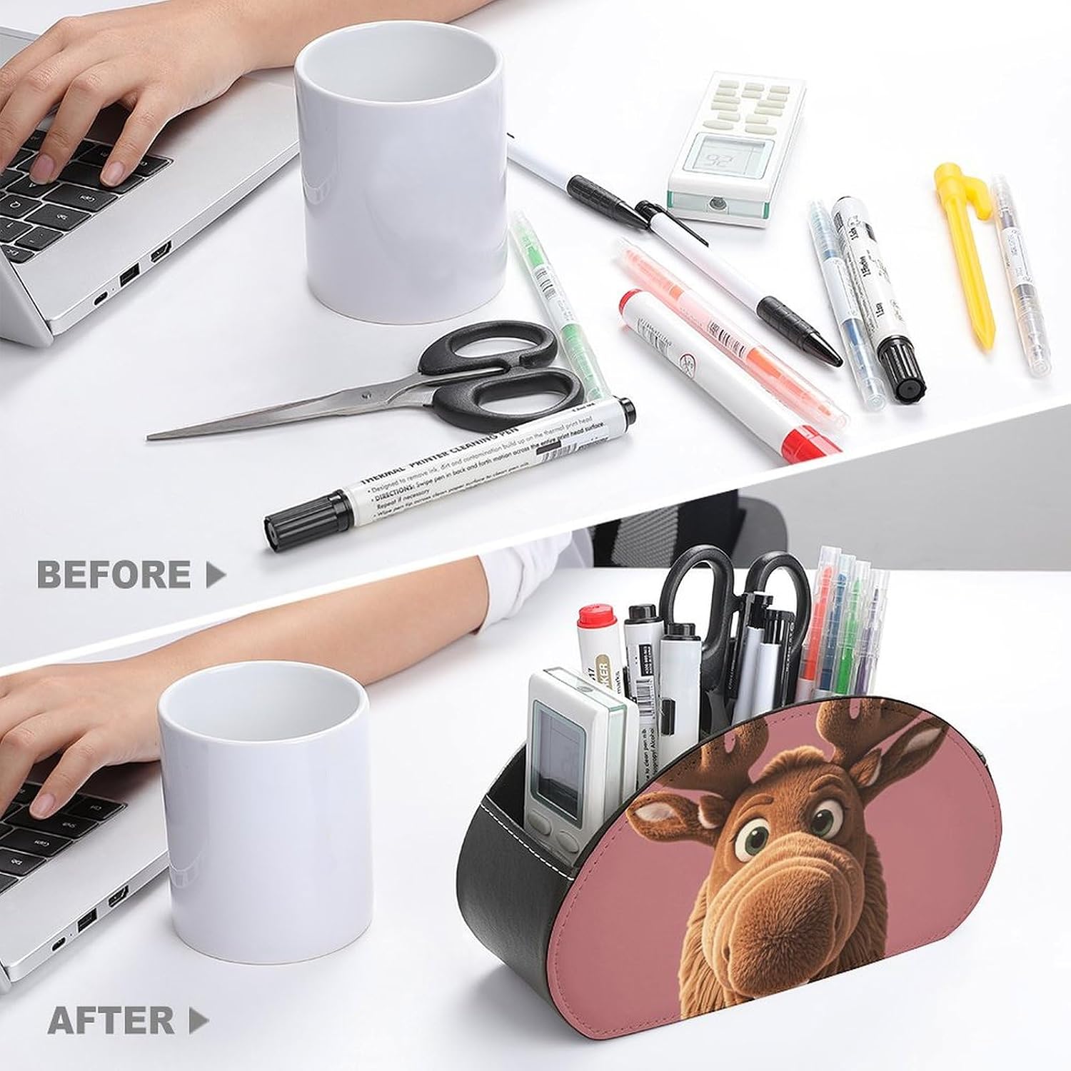 Funny Christmas Moose Head Remote Control Holder, Leather TV Remote Caddy, Desktop Organizer, 5-Slot Storage Holder for TV/DVD/Accessories Stylish Desk Decor for Living Room, Bedroom, Office image 3