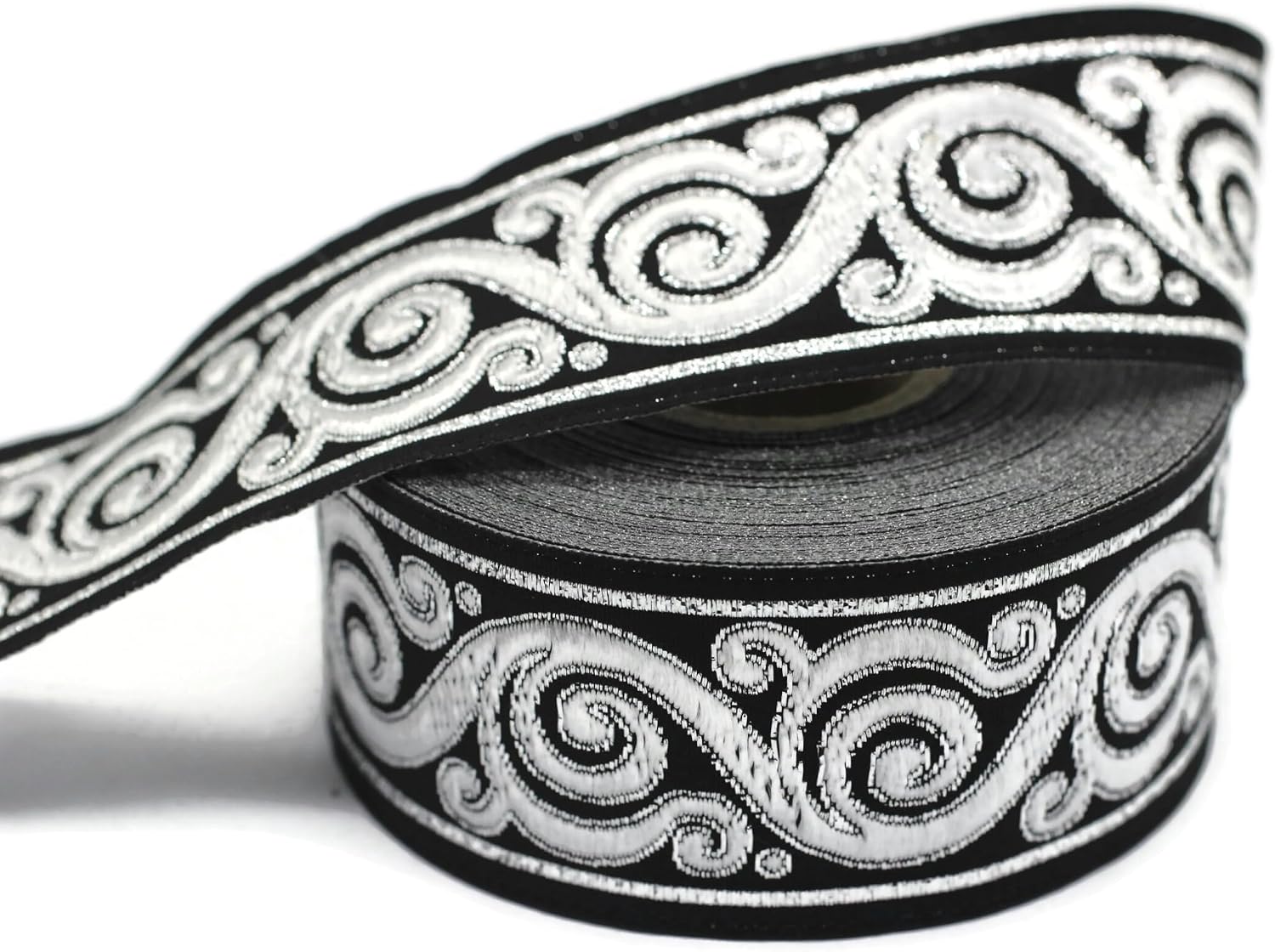 11 Yard 1.37" Wide Silver & Black Celtic Snail Jacquard Ribbon Trim Woven Border Upholstery Fabric Costume Design Tape 35221