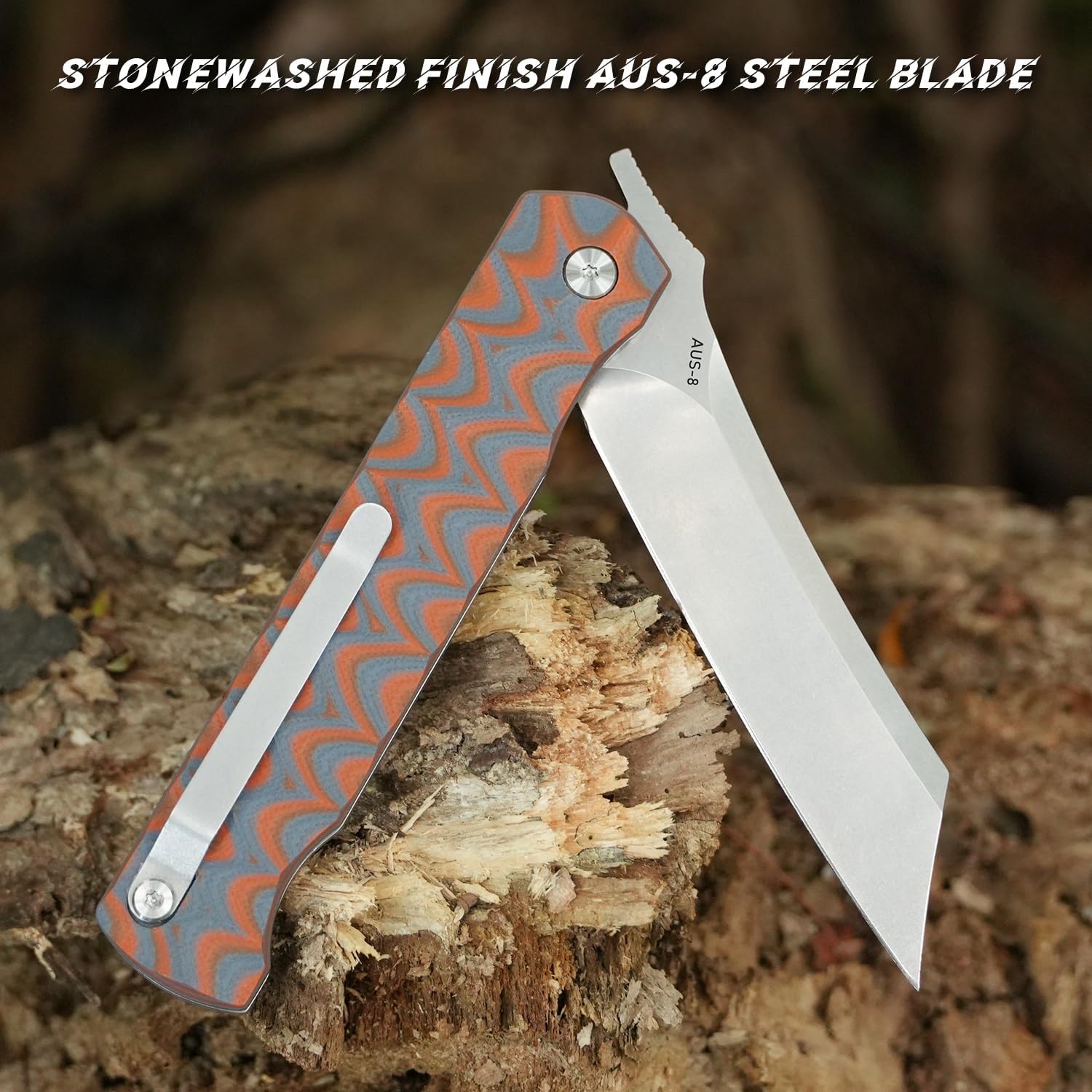 KATSU AUS-8 Steel Blade Folding Knife,Pocket Knife for Men G10 Handle, Liner Lock Japanese Style Front Flipper EDC Knife with Clip Stonewashed finish
