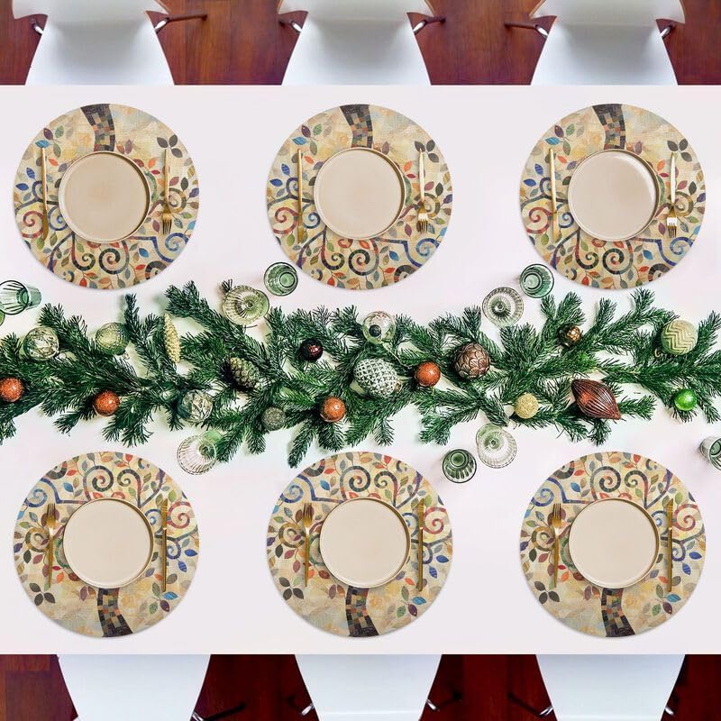ODAWA Tree and Leaves Placemats Washable Round Table Mats Kitchen Table Place Mats