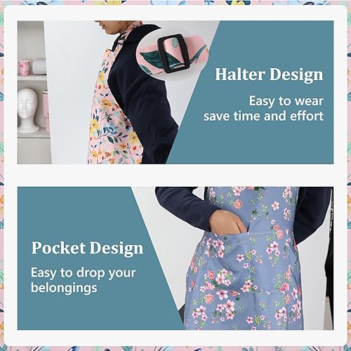 Miniatura 4 de Paquete de 2 delantales de acuarela con flores silvestres para mujer, delantales de cocina ajustables con 2 bolsillos, delantales de chef florales