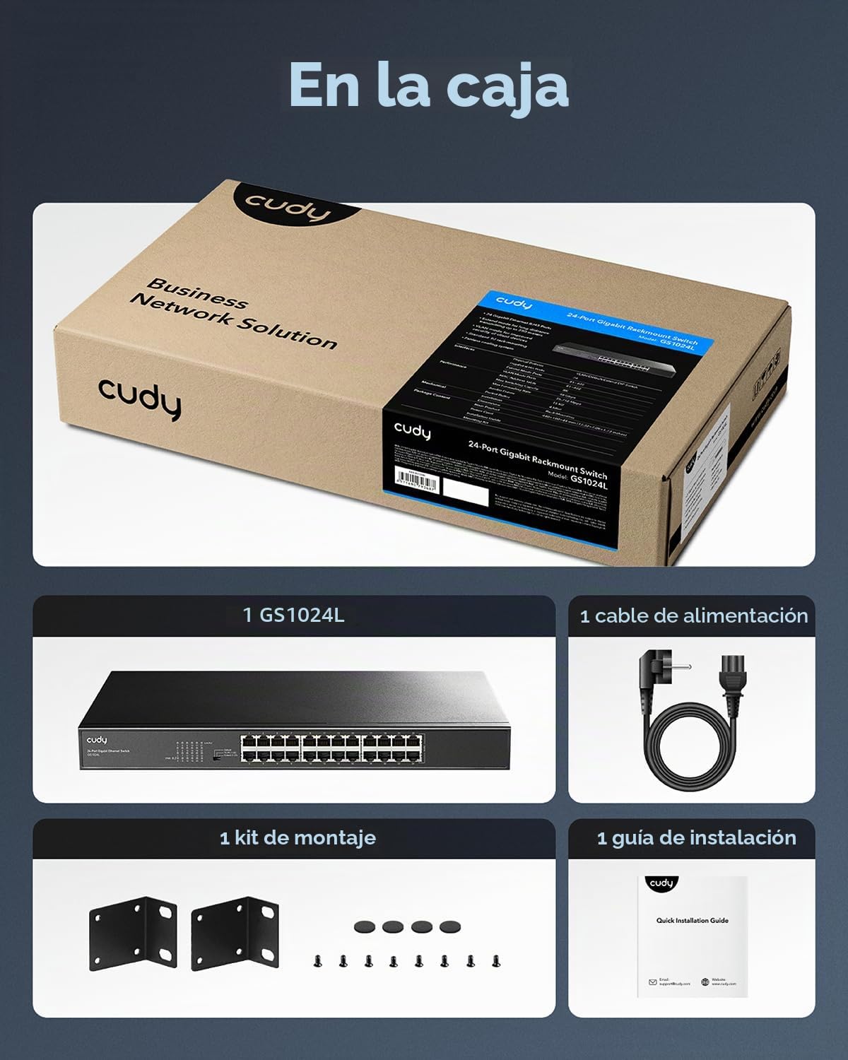 Cudy Conmutador Gigabit Ethernet 24 Puertos para Escritorio/Montaje En Rack Plug & Play, Puertos Blindados, Metal Resistente, Optimización Silenciosa del Tráfico De 19 Pulgadas