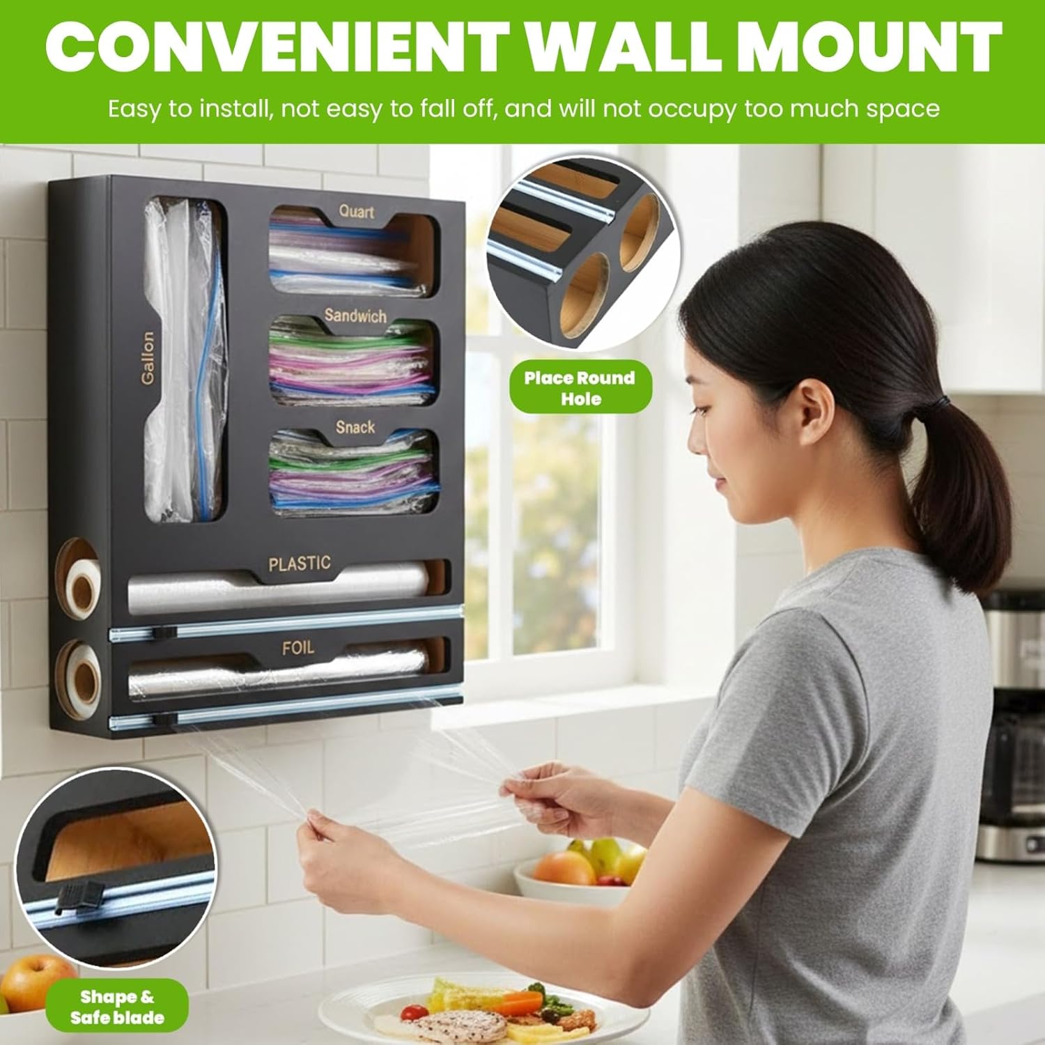 6-in-1 Ziplock Bag Organizer & Plastic Wrap Dispenser with Cutter, Kitchen Drawer Organizer for Food Storage Bags, Foil, Plastic Wrap, Parchment Paper Bamboo Bag Organizer - Image 4