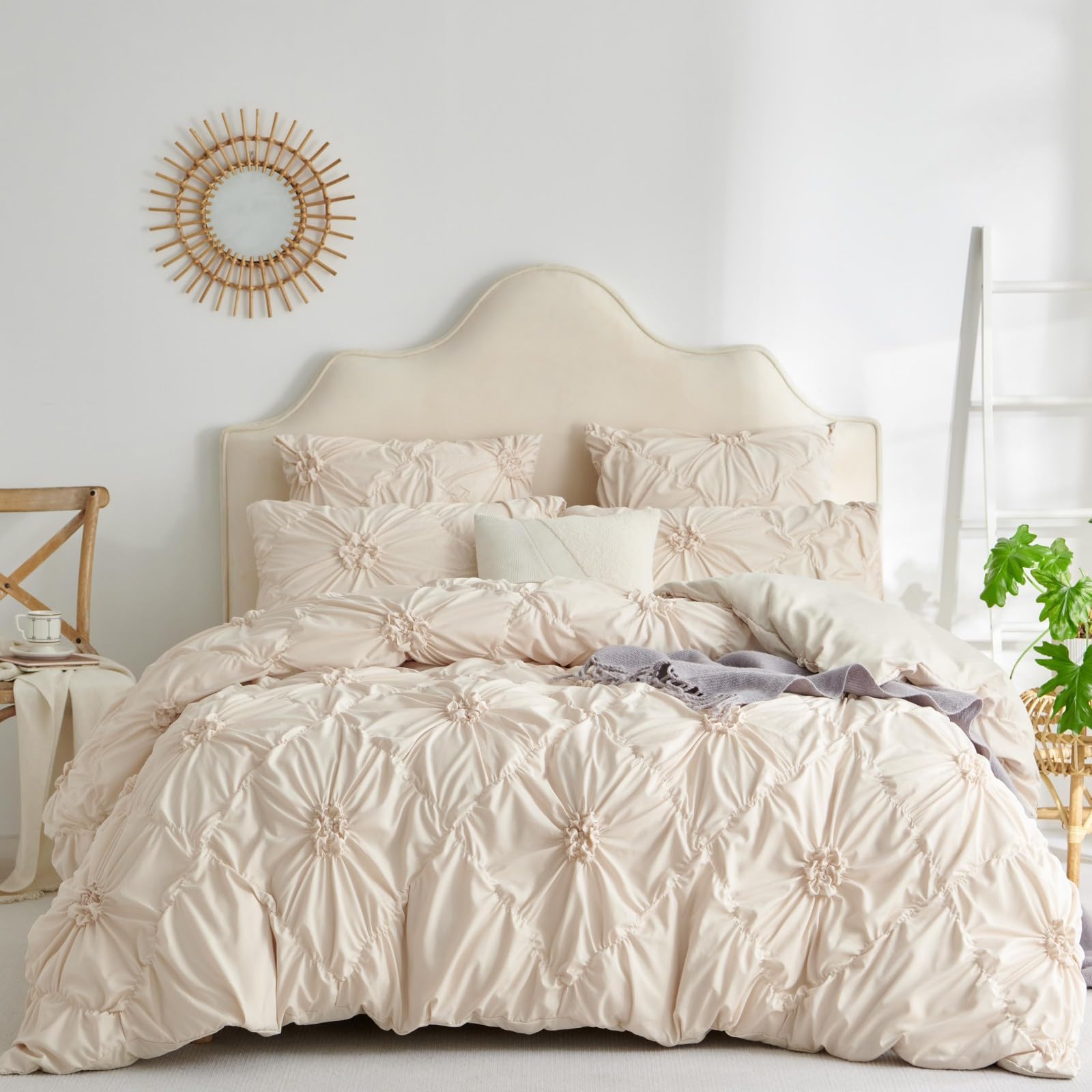Freyamy Bettwäsche 200x200cm 3teilig Beige Pintuck Plisseefalten Luxus Bettwäsche Pinch Pleat Mädchen Bettwaren-Sets 100% Microfaser Weiche Bettbezug mit Reißverschluss und 2 Kissenbezug 80x80cm