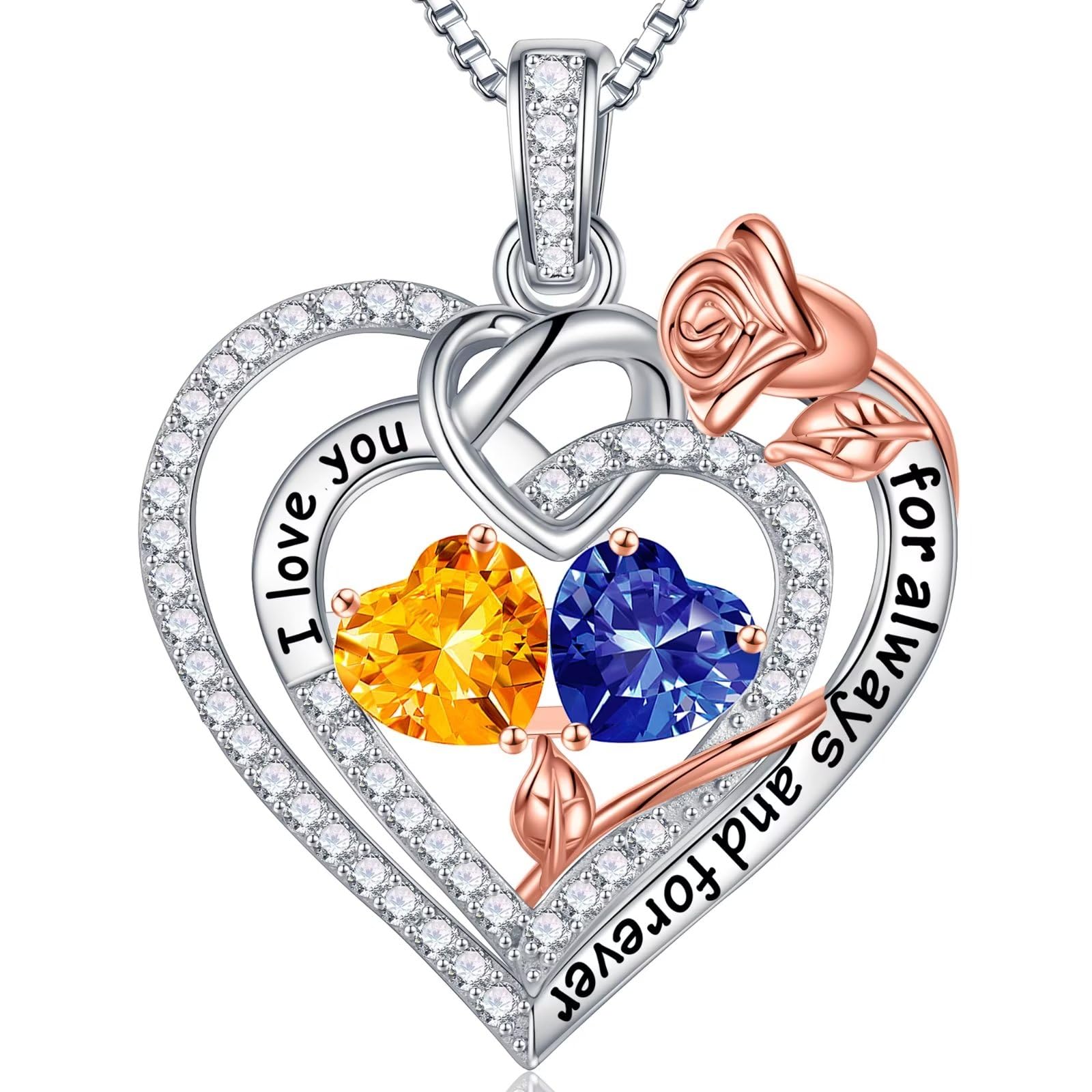 Iefil Rose Heart Necklace Gifts for Wife Women - 925 Sterling Silver Double Birthstone Necklace, Anniversary Birthday Gifts for Women, Jewelry Gift for Wife Girlfriend Mom Her