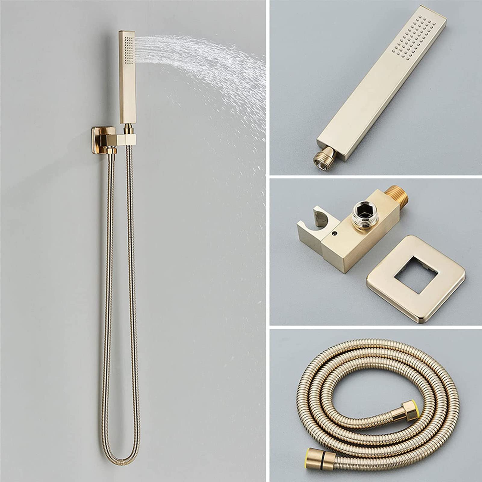 Termostatyczny system prysznicowy ze szczotkowanego złota, 3-funkcyjny zestaw prysznicowy z głowicą prysznicową z opadami deszczu 55 x 22 cm i ręcznym opryskiwaczem nowoczesny zestaw prysznicowy