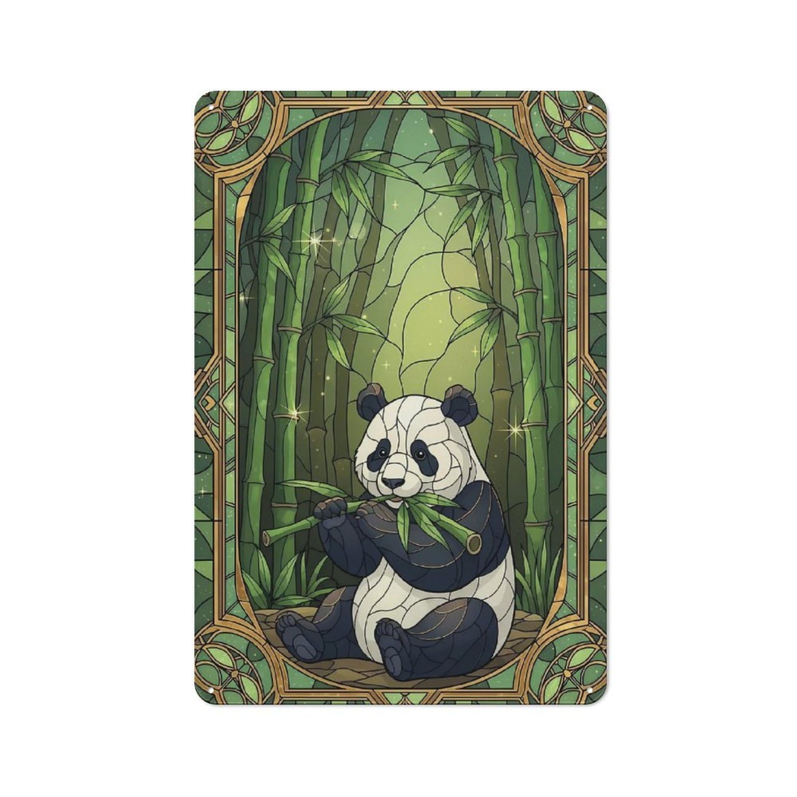 Panda in Bamboo Forest Stained Glass Decorative Tin Plaque 30x20cm, Decorative Novelty Wall Art for Hallway, Home Bar, Garage Or Study