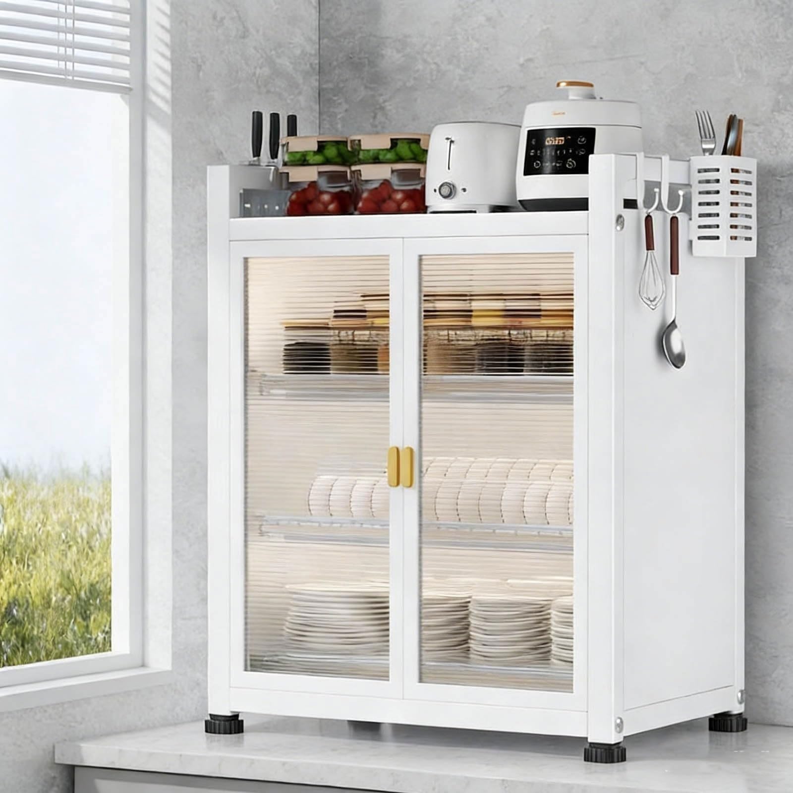 Armoire à Vaisselle de comptoir de Cuisine, égouttoir à Vaisselle de Restaurants, Armoire de Rangement multifonctionnelle Anti-poussière à Double Porte Transparente adaptée(White,2nd Floor)