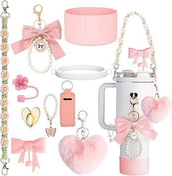 10 PCS Purple Cup Accessories for Stanley Cup Including Handle Strap Bottle Cover Silicone Straw Cover Boot Butterfly Pearl Keychain Lipstick Set Stanley-Charms for Stanley Cup 40 oz/30 oz Pink