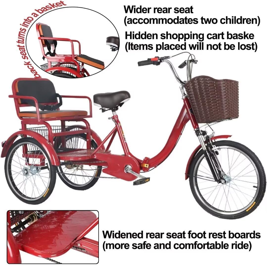 20inch Folding Tricycles for Hanging Out and Traveling,3 Wheels Bicycle with Shock-Absorbing Front Fork,Comfortable Trike with Back seat,Tandem trikes (red 20 in)