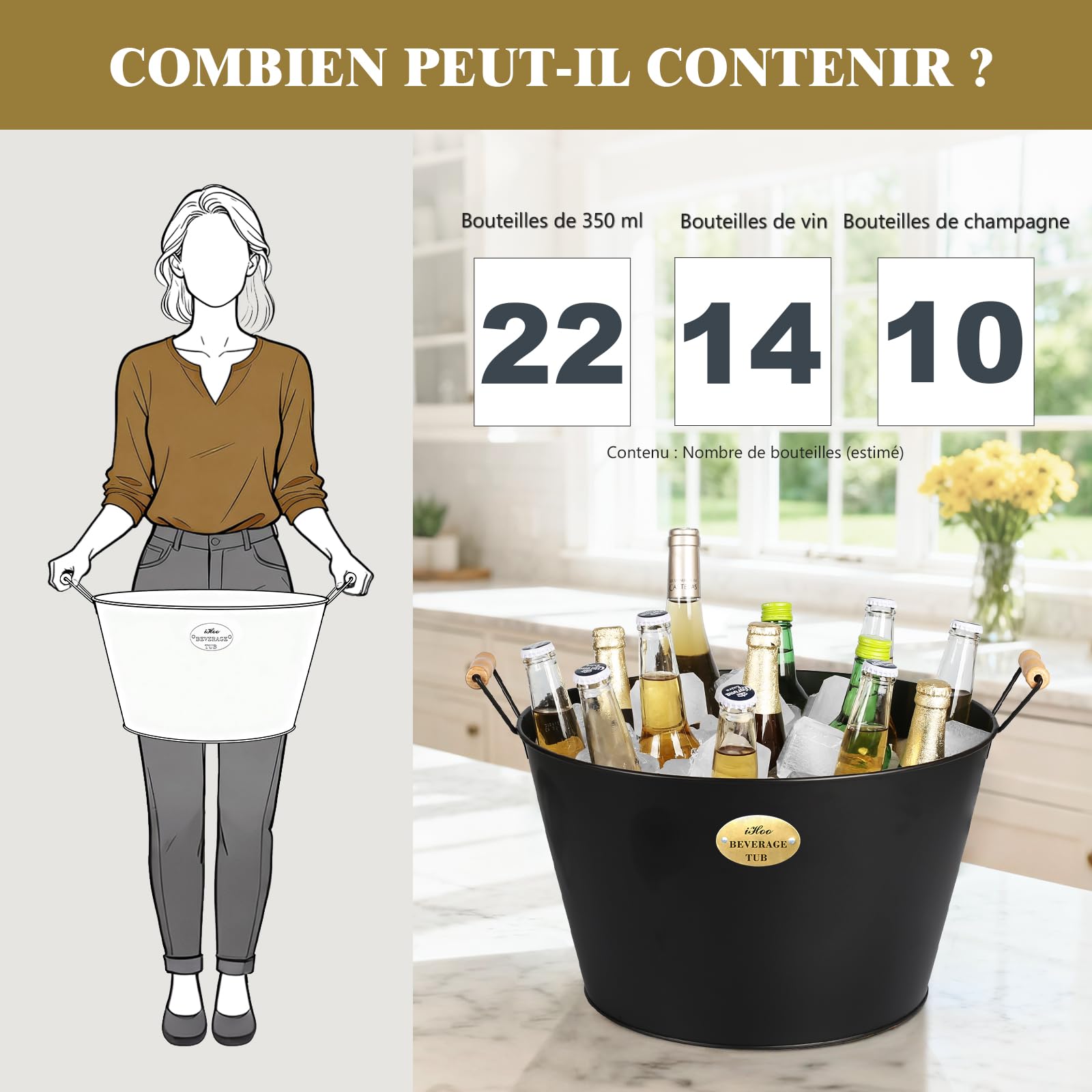 21 L Bacs à Boisson pour Fêtes, Grand Seau à Glace avec Poignées en Bois, Bac Galvanisé Noir, Bacs Idéals pour Boissons en Fêtes