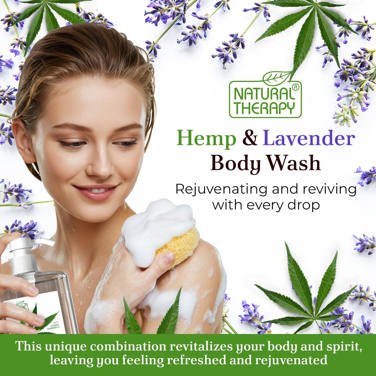 Natural Therapy Body Wash for Women and Men with Hemp & Lavender Oils - Shower Gel Cleanses and Moisturizes Skin - with Dead Sea Minerals Nourish for Body, Pack of 2 (67.6 fl.oz) image 2