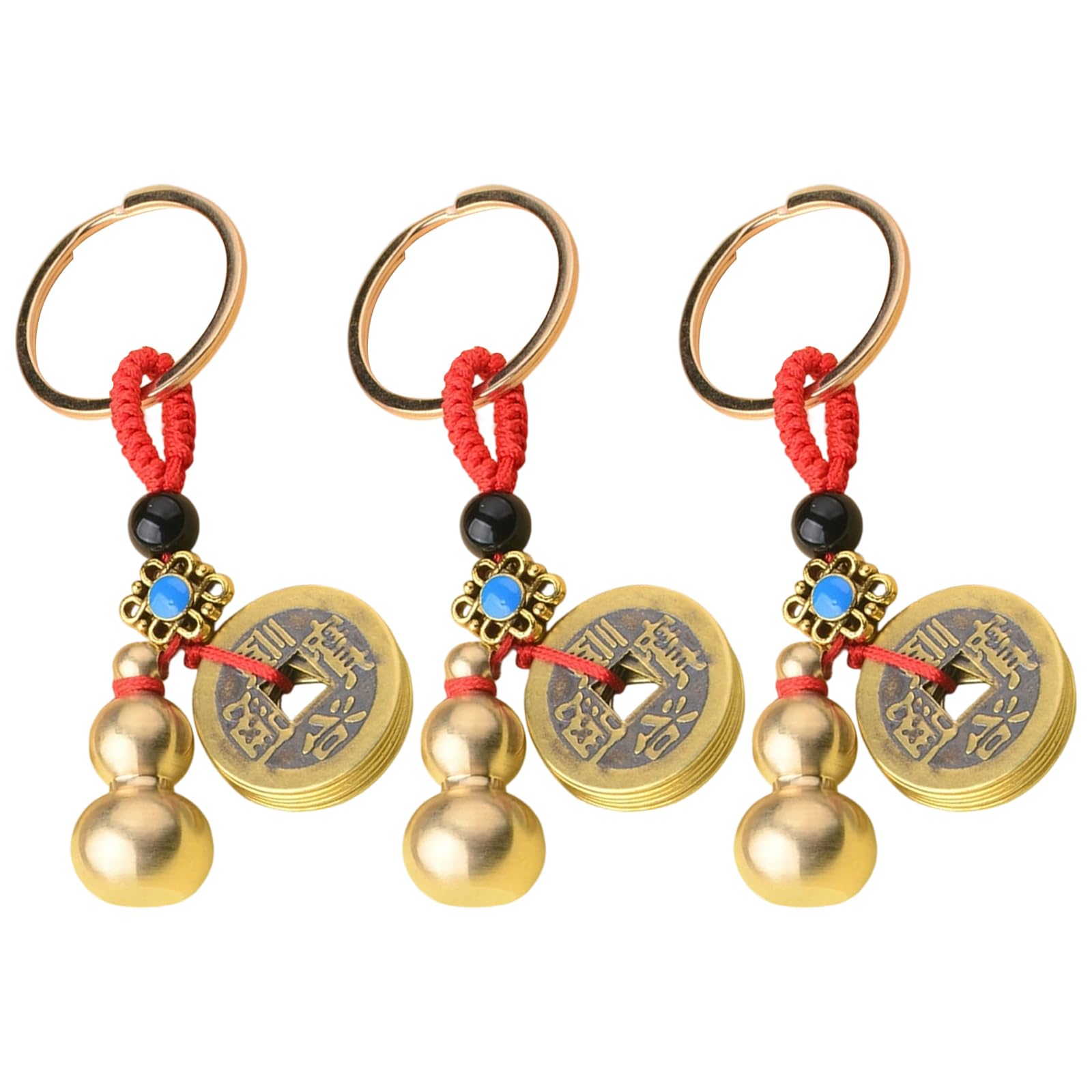 RIBSUQA 3 Pcs Chinese Feng Shui Gourd Keychains, Feng Shui Five Emperors Copper Money Ornament Pendant, Chinese Knot Lucky Coins Feng Shui Gourd Keychains for Good Luck Wealth Prosperity Success