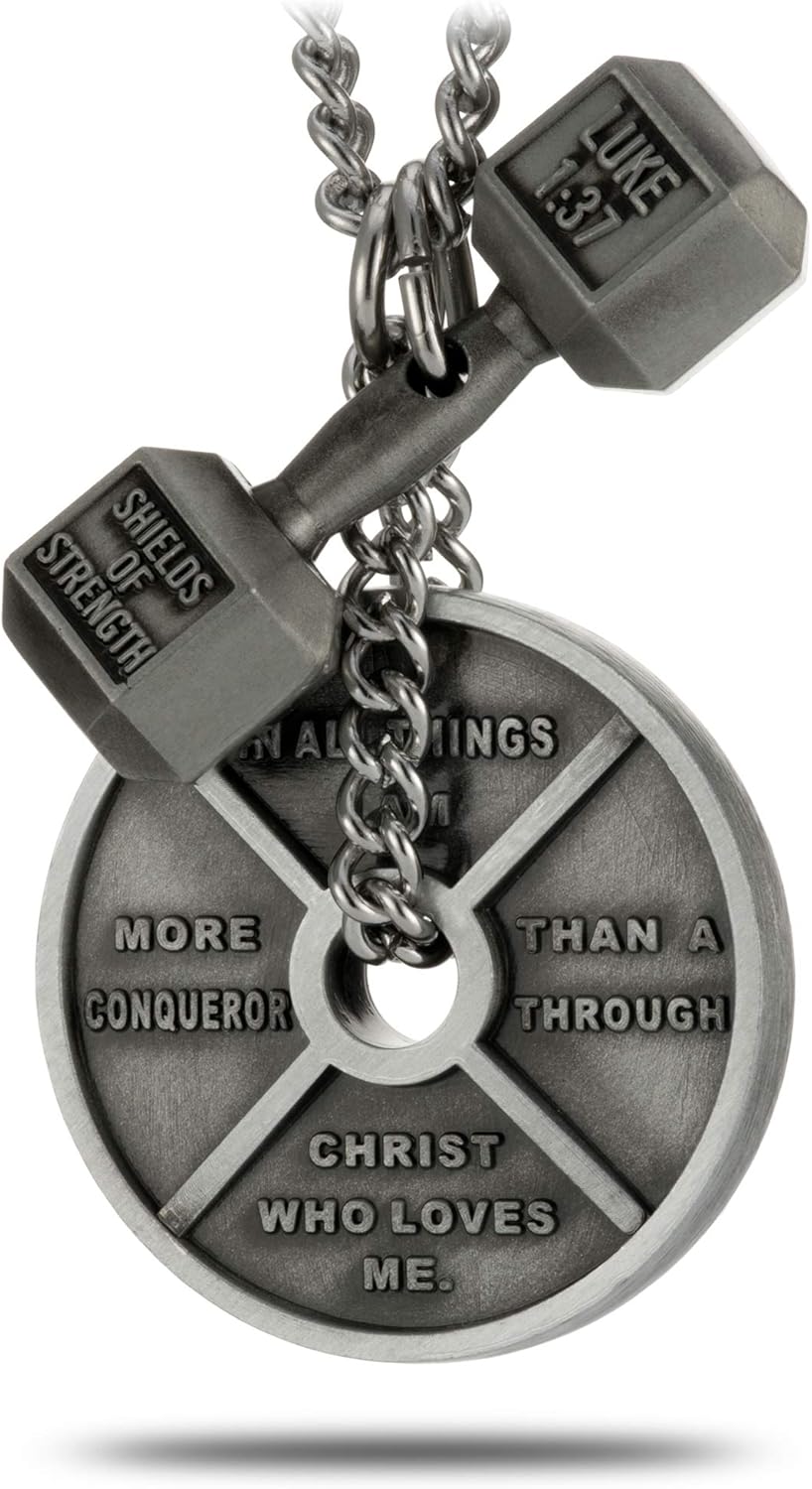 Shields of Strength Men's Christian Fitness Necklace with Romans 8:37 & Luke 1:37, Stainless Steel Dumbbell, 18-30" Chain, Faith Gift - Image 2