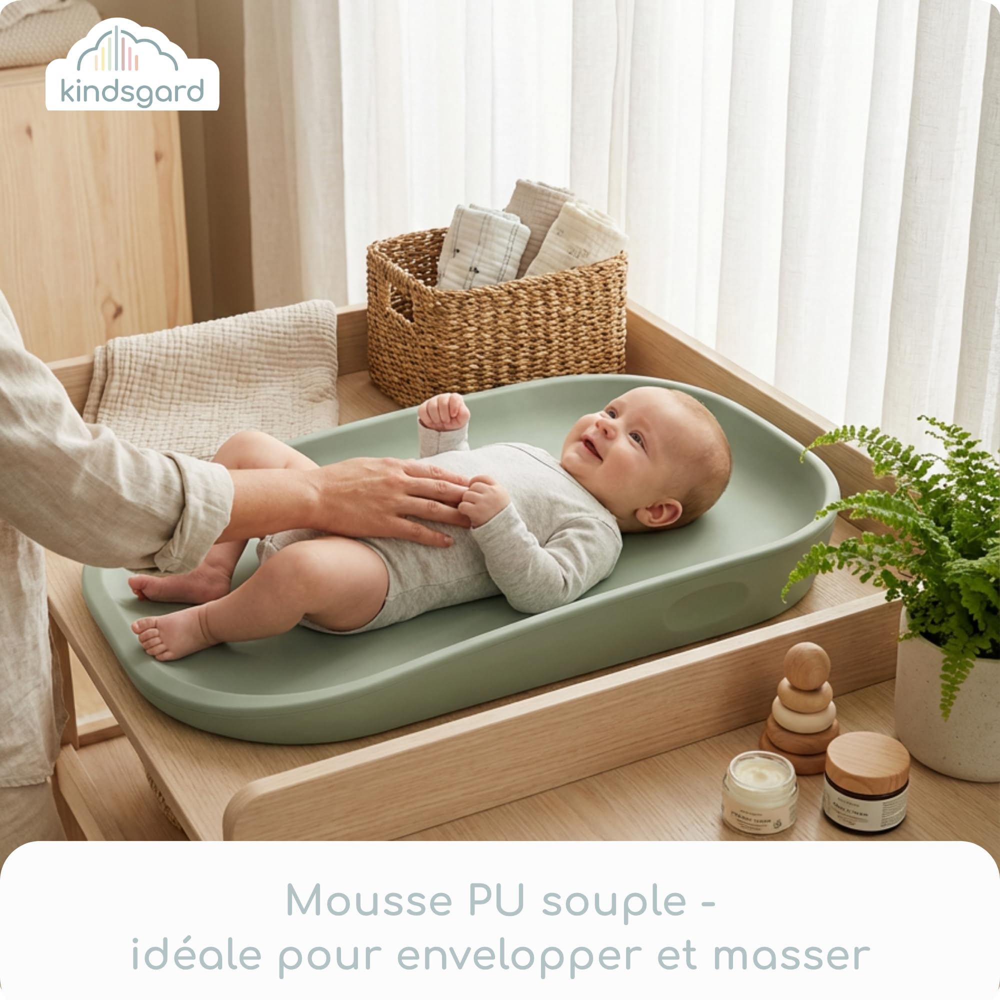 kindsgard Matelas à langer, souple, en polyuréthane, avec bord surélevé, lavable, hygiénique, sans substances nocives, 68,5 x 48 cm, pour table à langer, commode, machine à laver ou sol (sauge)