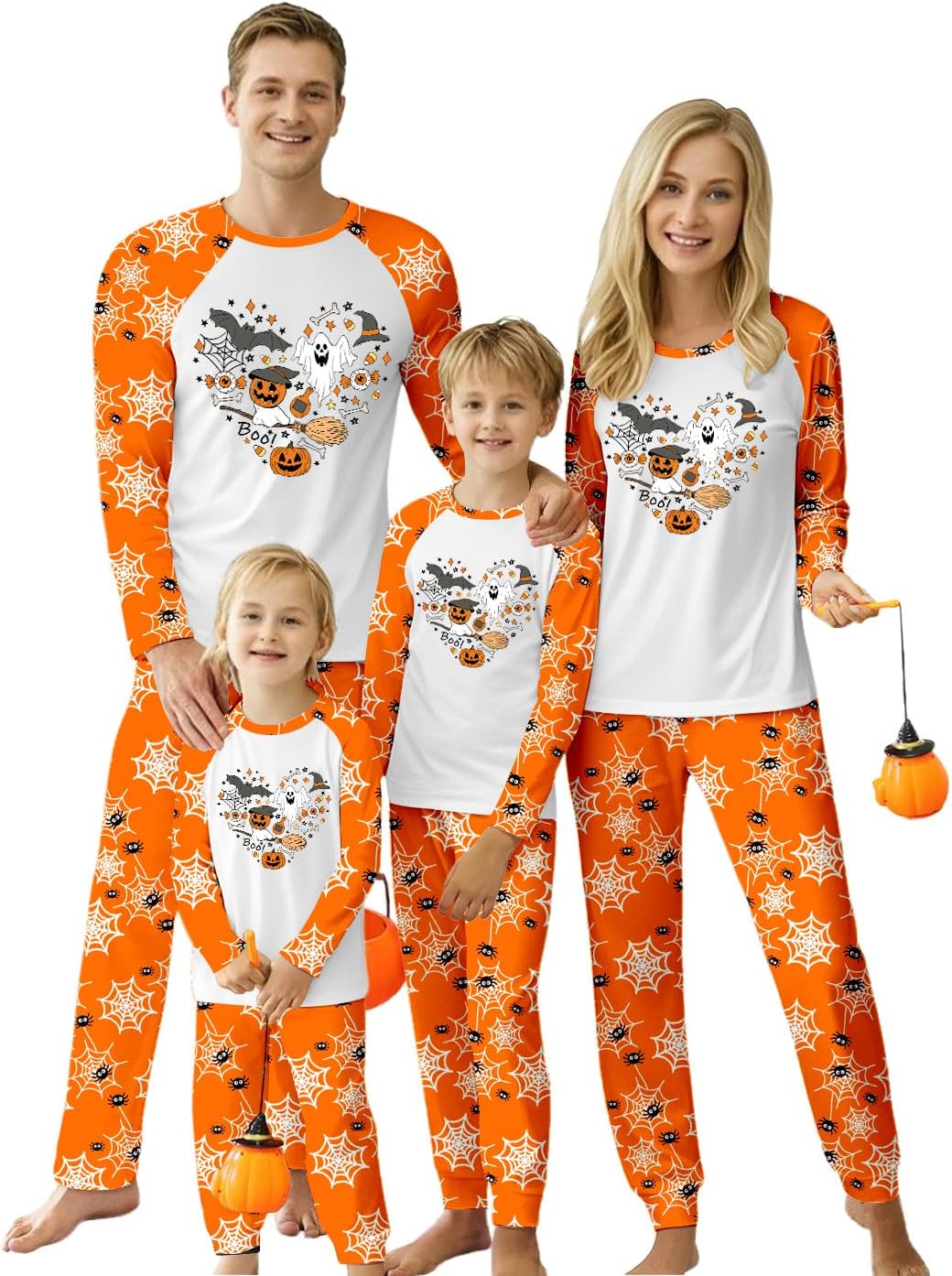 Anbech Matching Pajamas for Couples Halloween Pumpkinj Costume Soft Holiday Loungwear Set(Men, X-Large, Orange Spider)