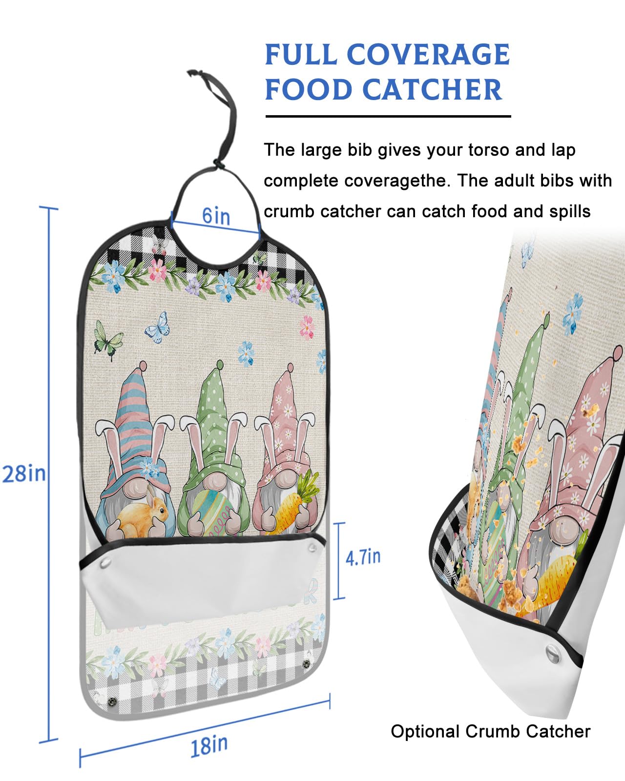 Spring Easter Adult Bibs for Eating, Waterproof Bibs with Food Catcher & Adjustable Snap Closure, Black White Checkered Gnomes Bunny Colorful Eggs Clothing Protectors Adult Bibs for Elderly Women/Men