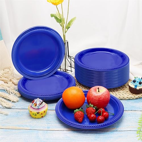 Miniatura 6 de Platos desechables de plástico azul  Platos de plástico azul oscuro de 9 pulgadas desechables para fiestas  150 platos azules de plástico para cena
