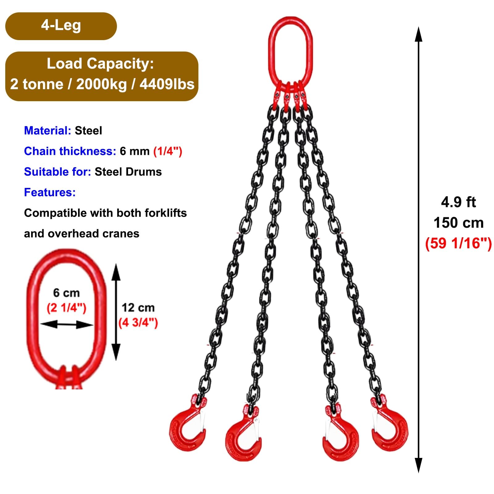 Schwerlast-Hebeband mit Haken und Kette für Trommel- und Eimerhandhabung, Motorhebeunterstützung