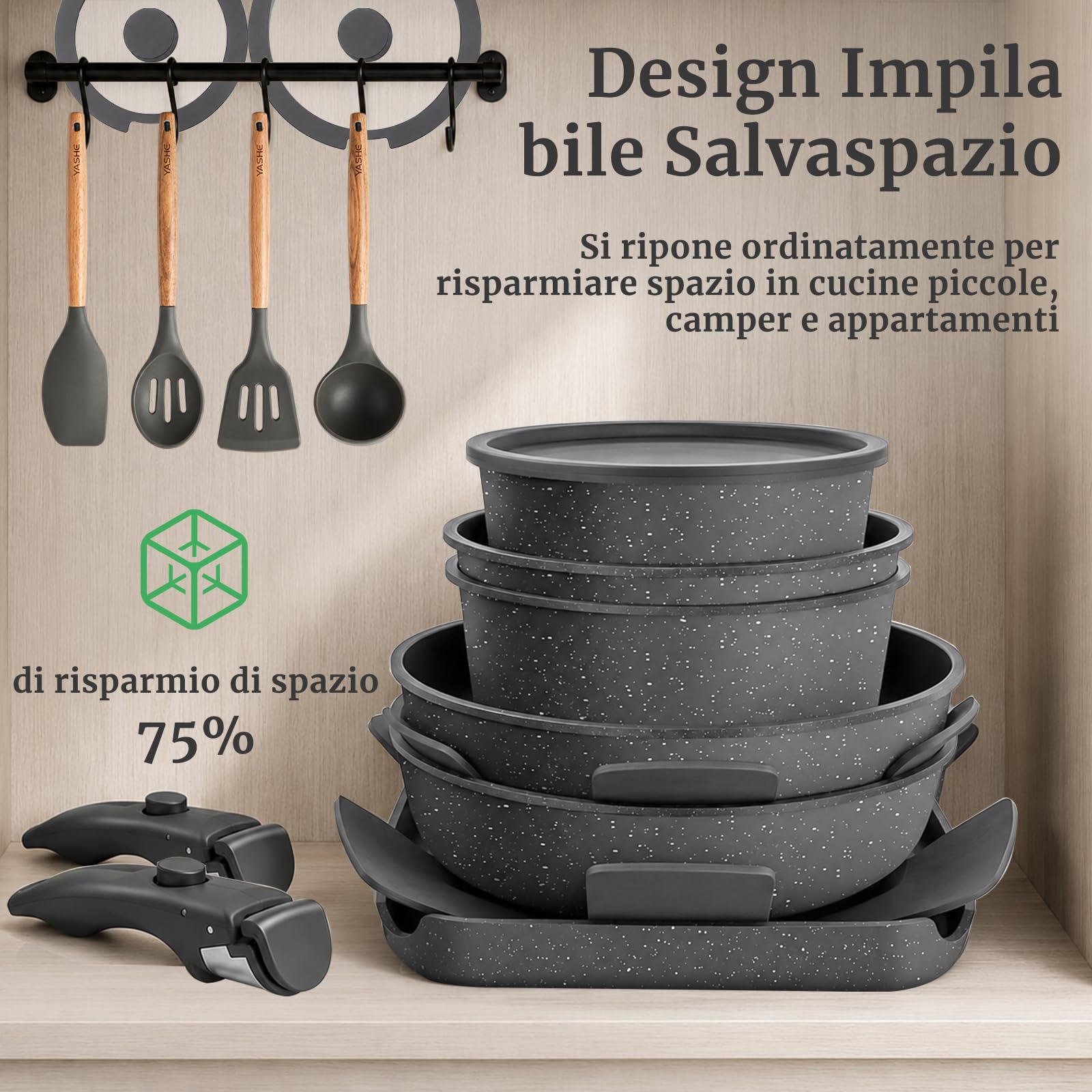 YASHE Pentole induzione 21 pezzi, atossiche, senza PTFE e PFAS | Set di Pentole e Padelle Antiaderente in Granito, Tegame con Coperchio, Salvaspazio Impilabile per Camper