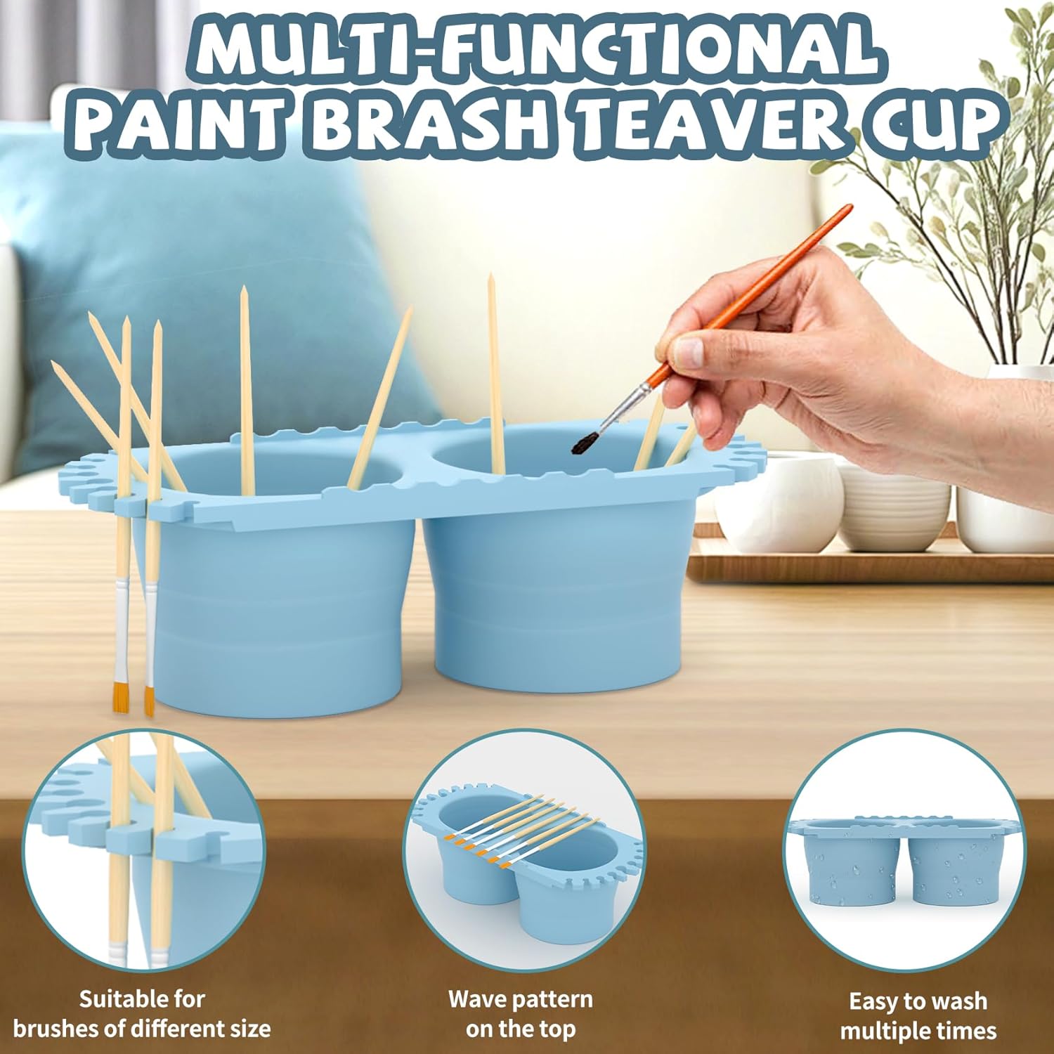 Paint Brush Cleaner Cup - Foldable Silicone Brush Cleaning Rinse Cup with Dual Cleaning Compartments and Brush Holder, Suitable for Acrylics, Watercolors, and All Art Supplies - Image 3