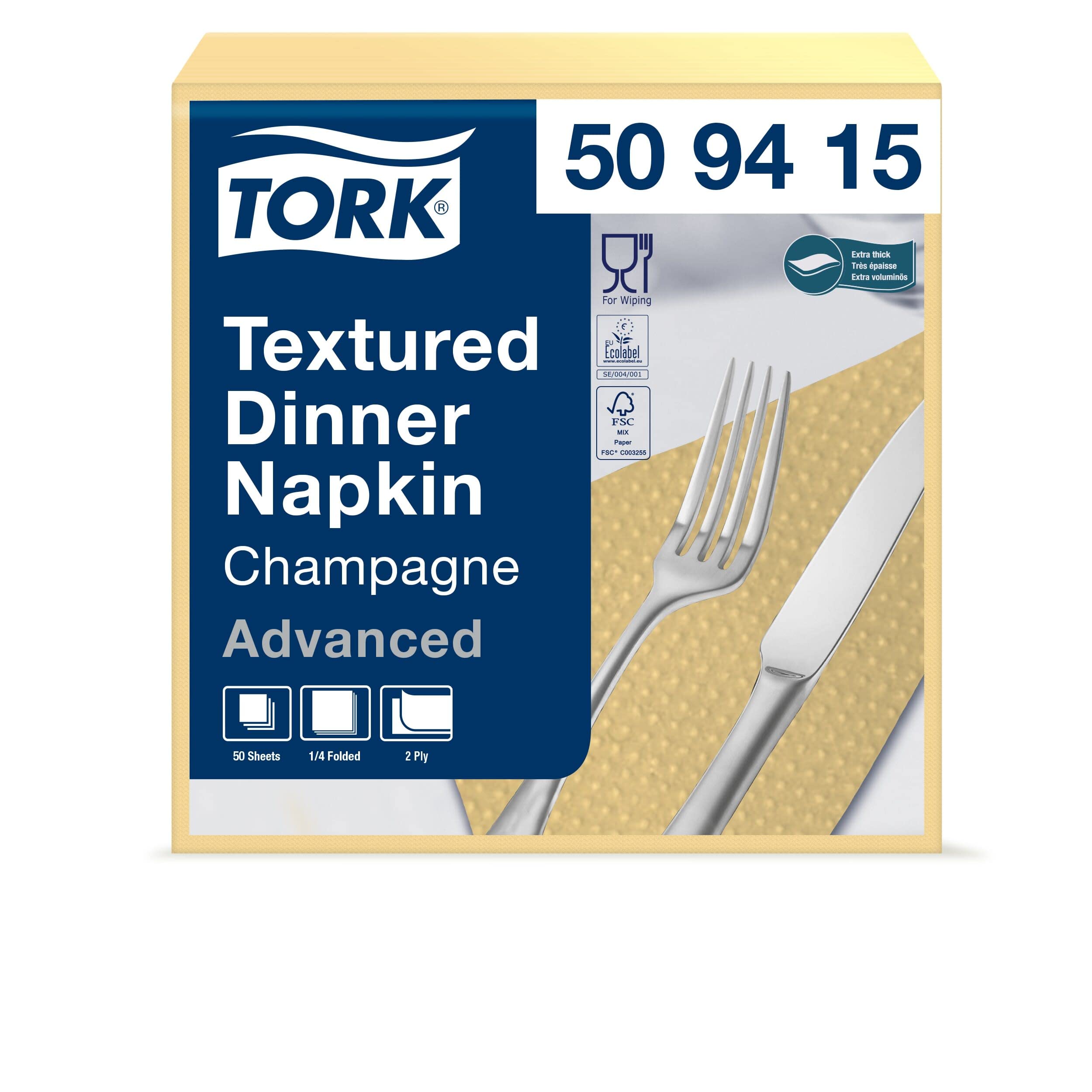 Tork 509415 - Dinner Servilleta de papel gofrado para cena, 2 capas, 18 paquetes x 50 unidades (900 servilletas), pliegue 1/4, 38 cm x 39 cm, color champagne