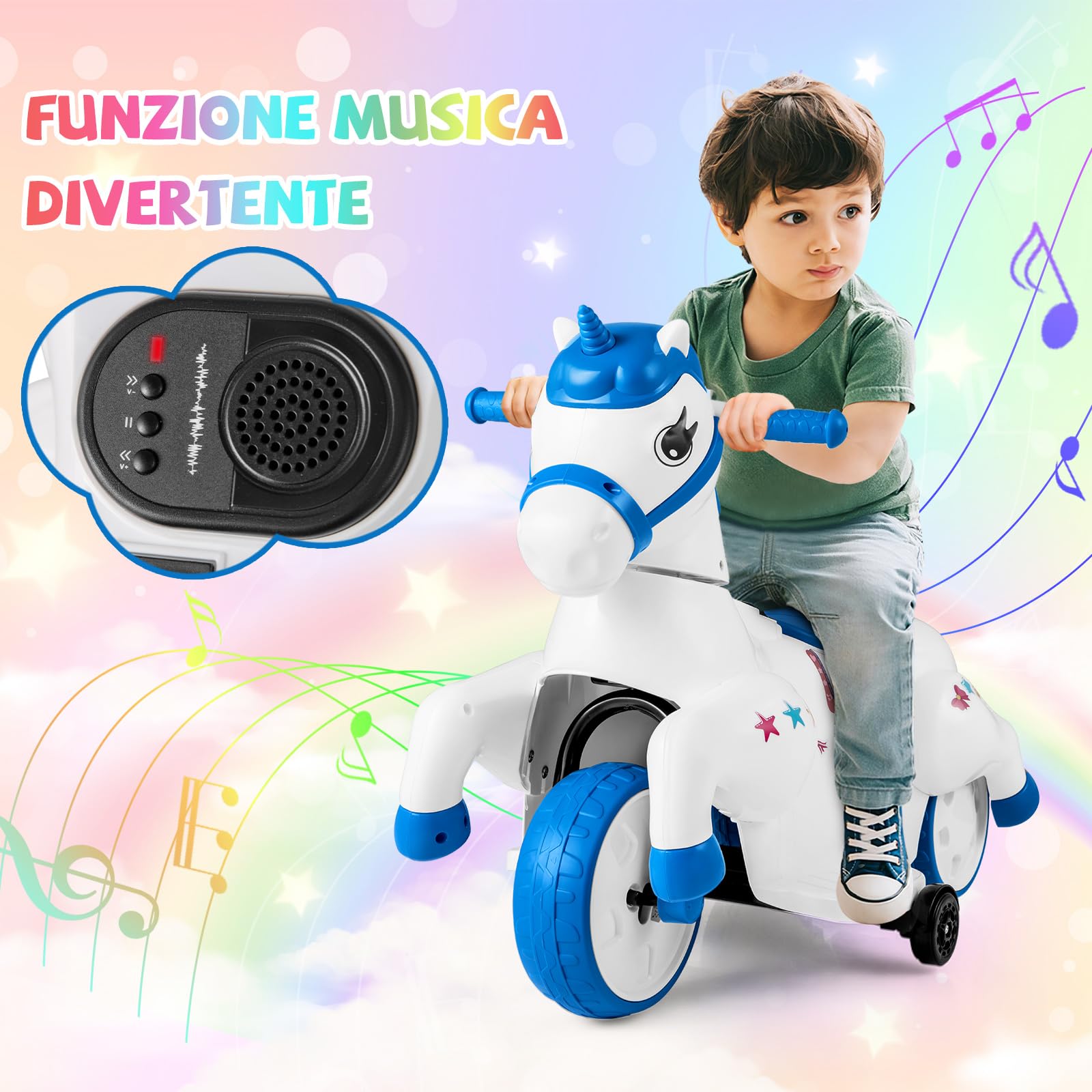 GYMAX Auto Cavalcabile Unicorno 12V, Veicolo Elettrico per Bambini con Funzione Altalena, Auto Elettrica con Ruote di Supporto, Musica e Indicatore di Batteria, per Bambini dai 3 Anni, Rosa/Blu (Blu)