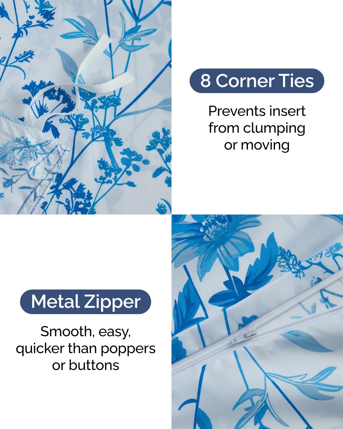 Duvet Cover Queen Size Set - Extra Soft Floral Duvet Cover 90 x 90 with 2 Pillow Shams - Comfy, Breathable Bedding Set - Hotel Luxury & Fade Free w/ Zipper Closures & Ties - Blue Dainty Floral