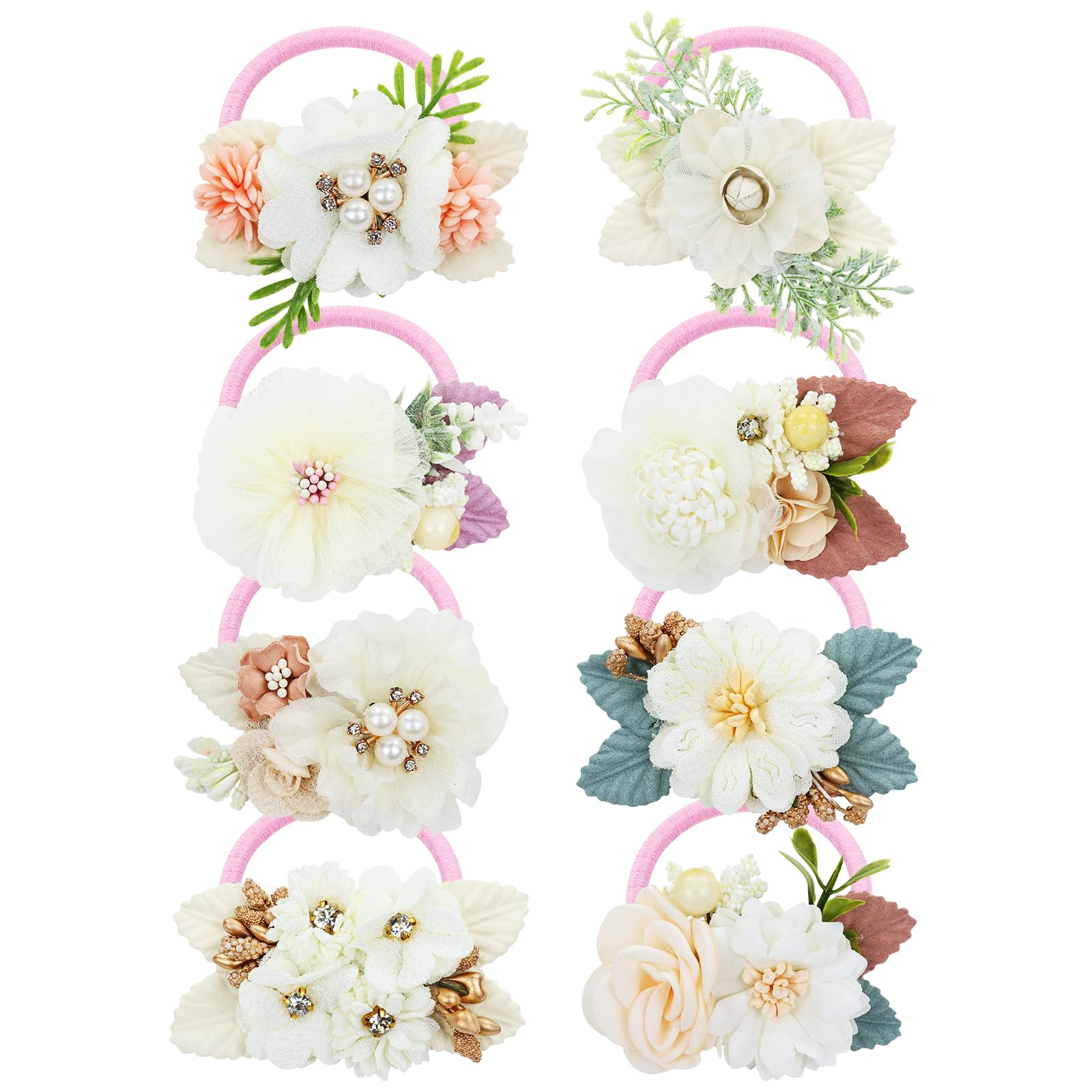 Dizila 8 Pack Decorative Pearl Flower Hair Ties Rubber Bands Elastics Stretchy Floral Hair Scrunchies Pigtail Ponytail Holders for Baby Girls Infants Toddlers Kids Teens