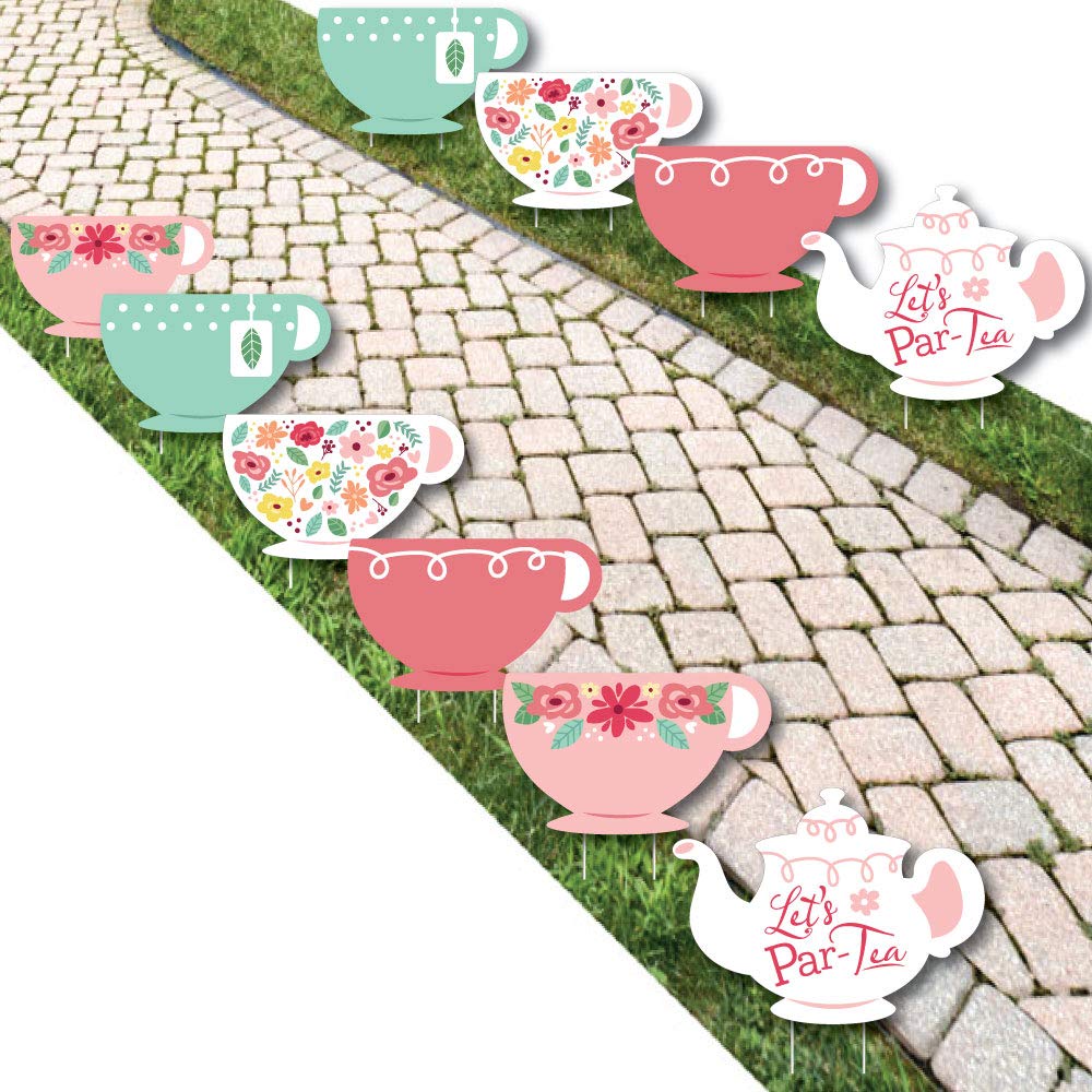 Big Dot of HappinessFloral Lets Par-Tea - Tea Pot and Tea Cup Lawn Decorations - Outdoor Garden Tea Party Yard Decorations - 10 Piece