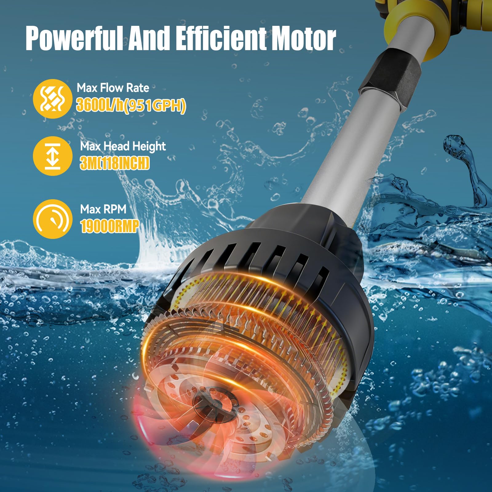 Pompe de transfert d'eau sans fil compatible avec De-Walt 18V, pompe de transfert portable, hauteur de tête de 3 m, débit élevé de 3600 L/h pour sous-sol, piscine, étang, barils de pluie, vidange de