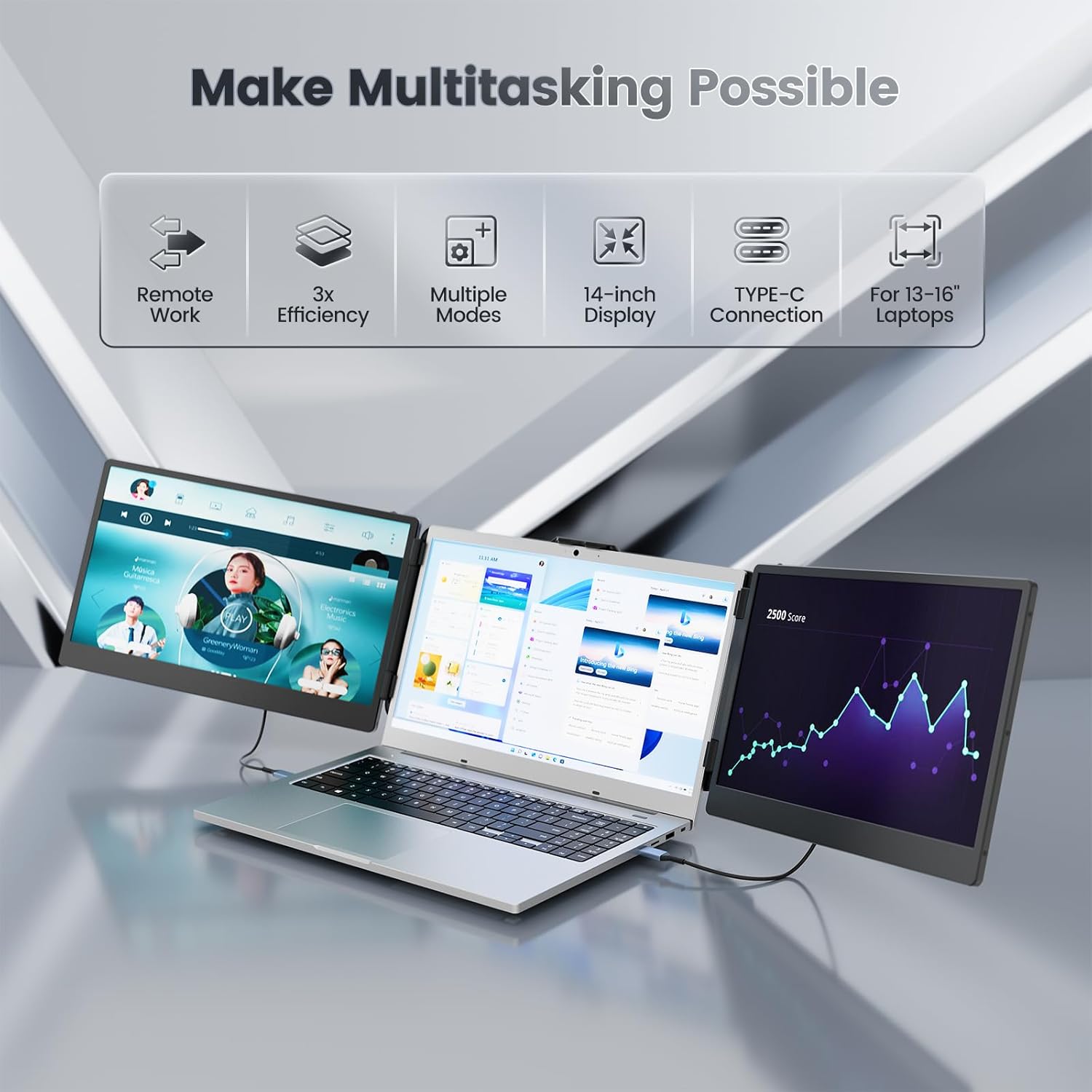 Teamgee Monitor Portatile per Laptop, Portable Monitor Schermo Doppio FHD 1080P IPS da 14 con Doppi Altoparlanti, Display HDMI/USB-A/Type-C Plug and Play da 13 a 17 (Mac, Wins, Android, Dex)