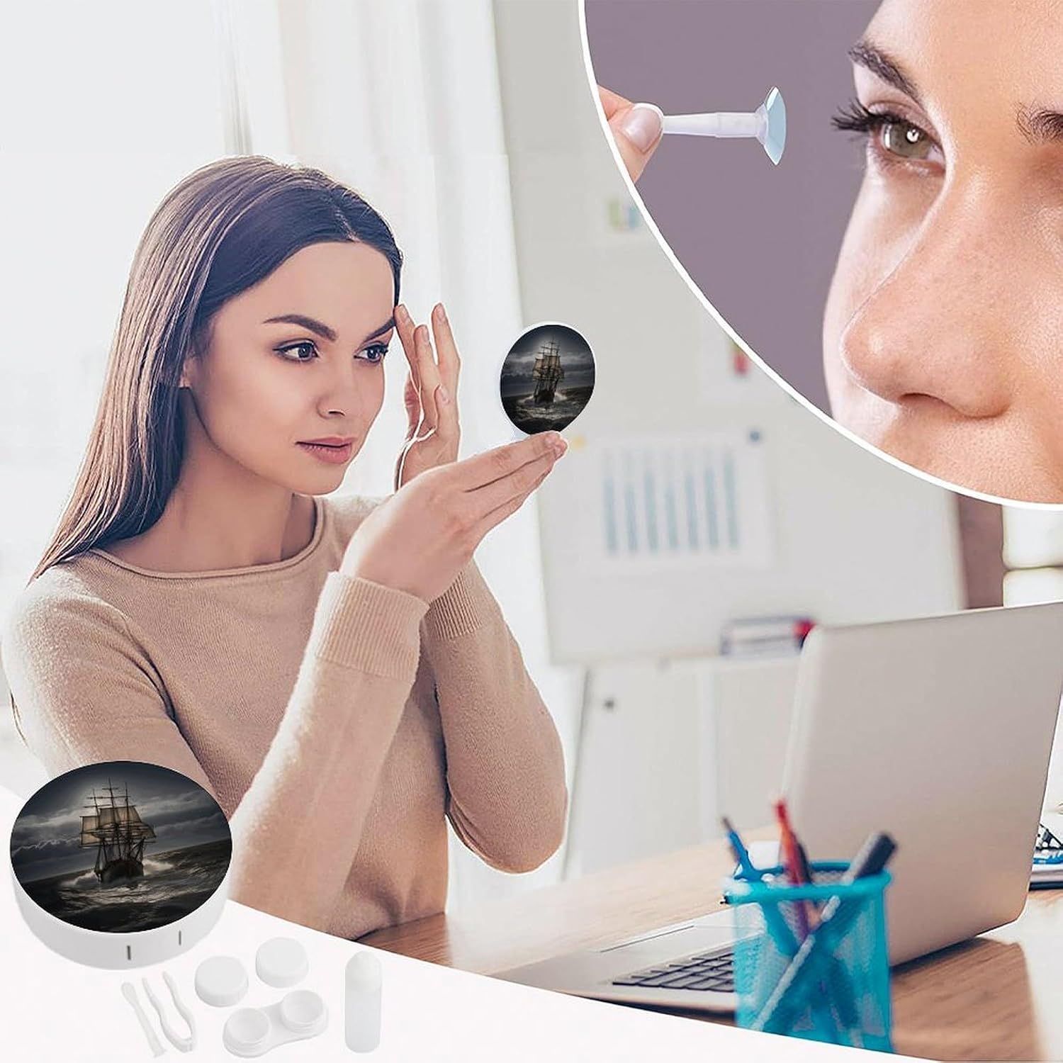 Sailing Ship in Storm Contact Lens Case Portable Contact Lens Applicator Removal Tool Kit Cute Round Eyeglass Cases with Mirror for Daily Vision Care And Outdoor Use